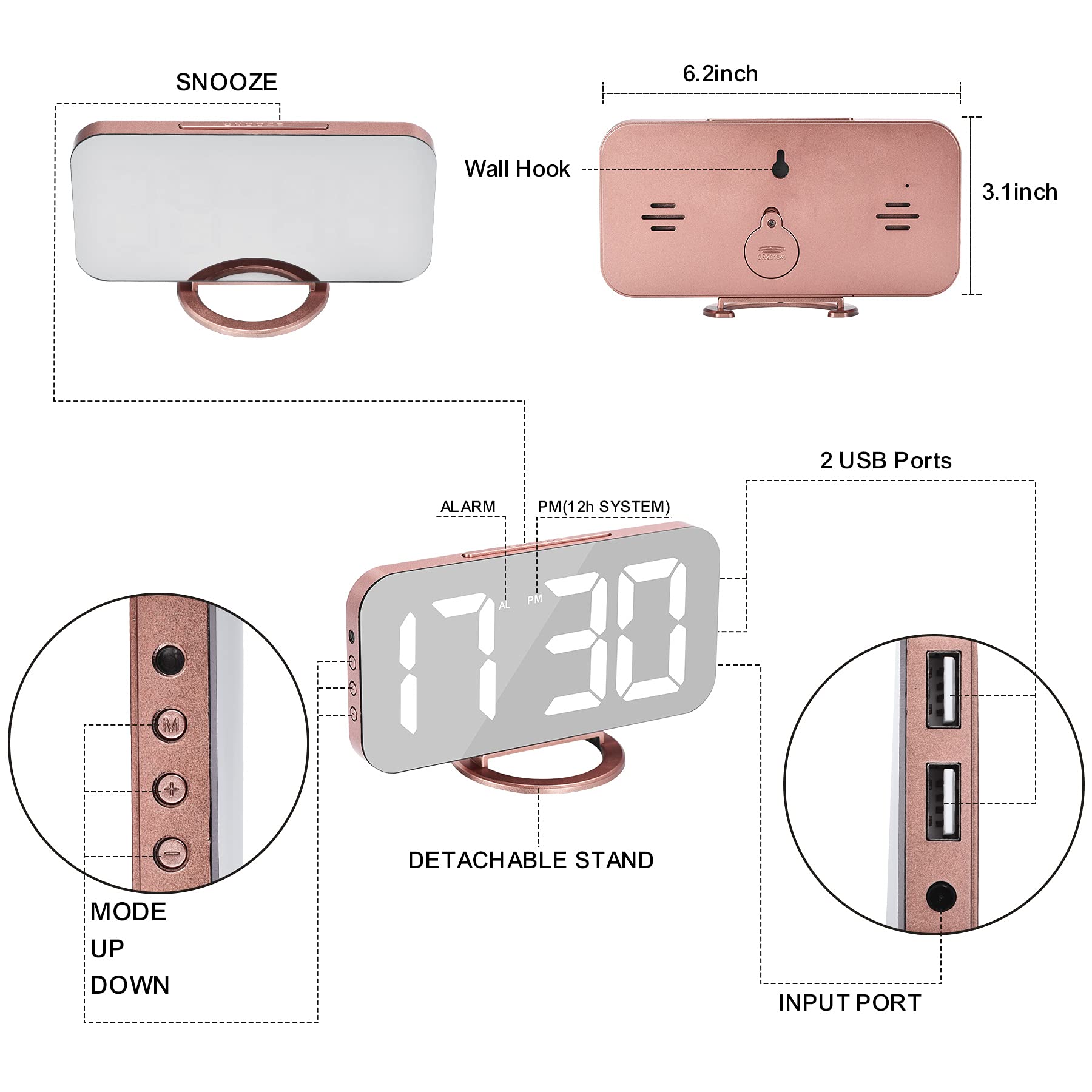 SZELAM Alarm Clock for Bedroom,LED and Mirror Digital Clock Large Display,with Dual USB Charger Ports,Auto Dim,Snooze Mode,Modern Desk/Wall Electronic Clock for Girl Woman Mom Teens - Rose Gold