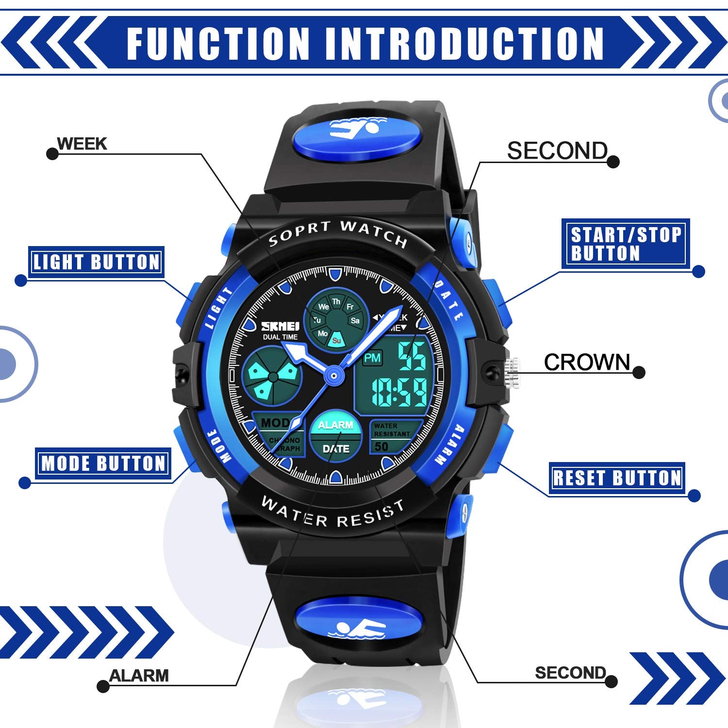 Dodosky Boy Toys Age 5-12, LED 50M Waterproof Digital Sport Watches for Kids Birthday Presents Gifts for 5-13 Year Old Boys - Blue