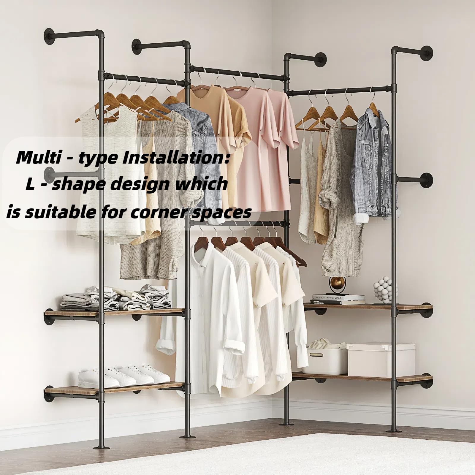 Woskar Industrial Pipe Clothing Rack, Wall Mounted Clothes Rack for Hanging Clothes, Retail Display Rack with Shelves, Add Corner installation Method (Black, III-2Tier)