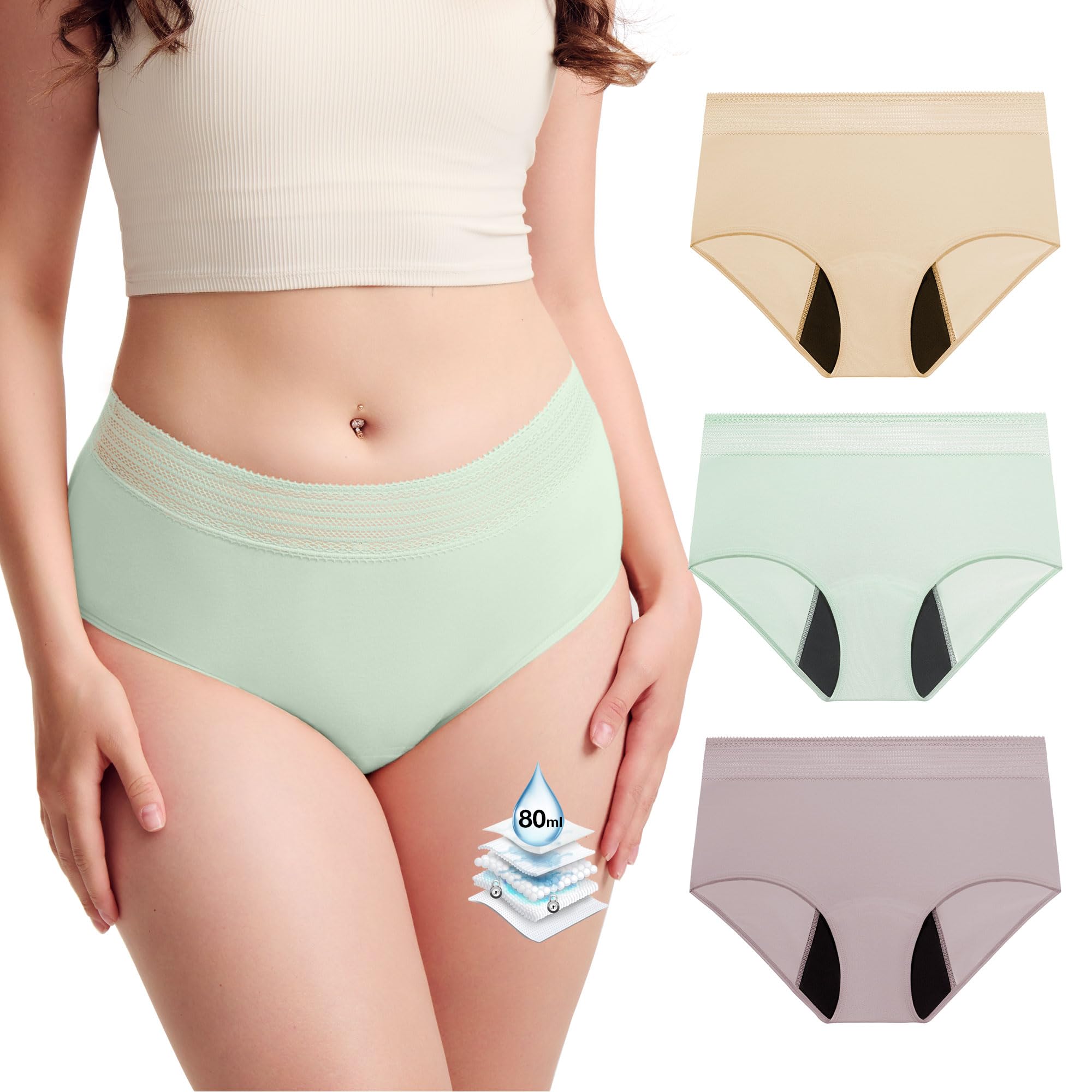 BATTEWA Incontinence Underwear for Women Hi-Waist Leakproof Underwear Postpartum Protective Washable Cotton Full Coverage Absorbency (3Color,Medium,3-Pack)