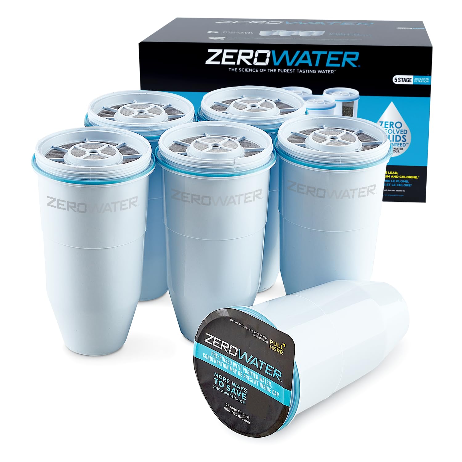 Culligan ZeroWater Official Replacement Filter - 5-Stage 0 TDS Filter Replacement - System IAPMO Certified to Reduce Lead, Chromium, and PFOA/PFOS, 6-Pack