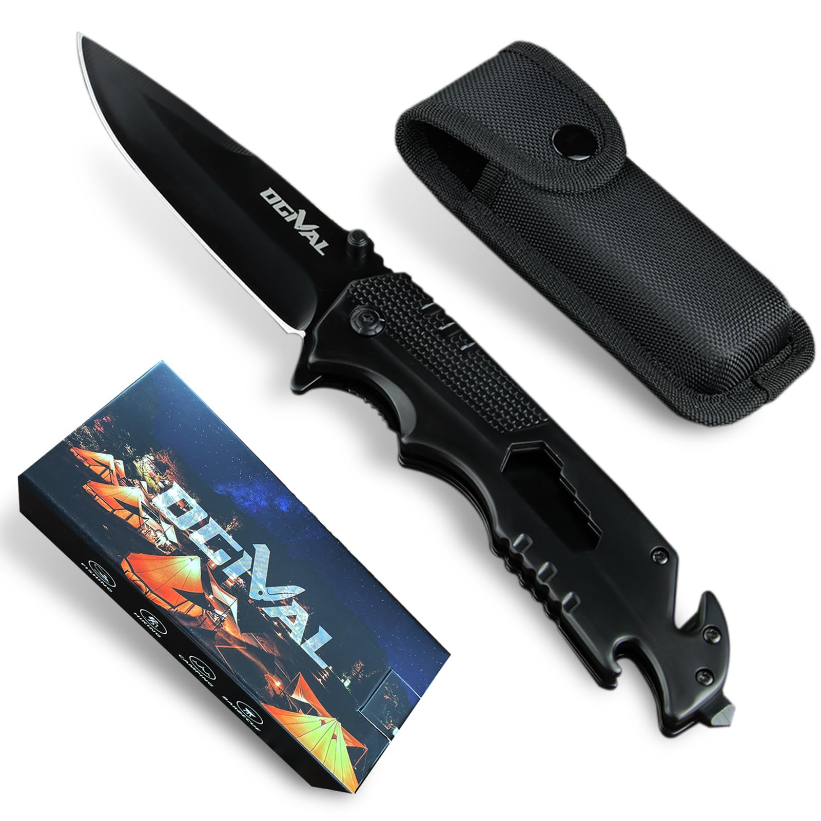 OGIVAL Pocket Knife，4inch Folding Knife with Nylon Sheath and Pocket Clip, Bottle Opener, Glass Breaker, Seatbelt Cutter and Wrench, Black