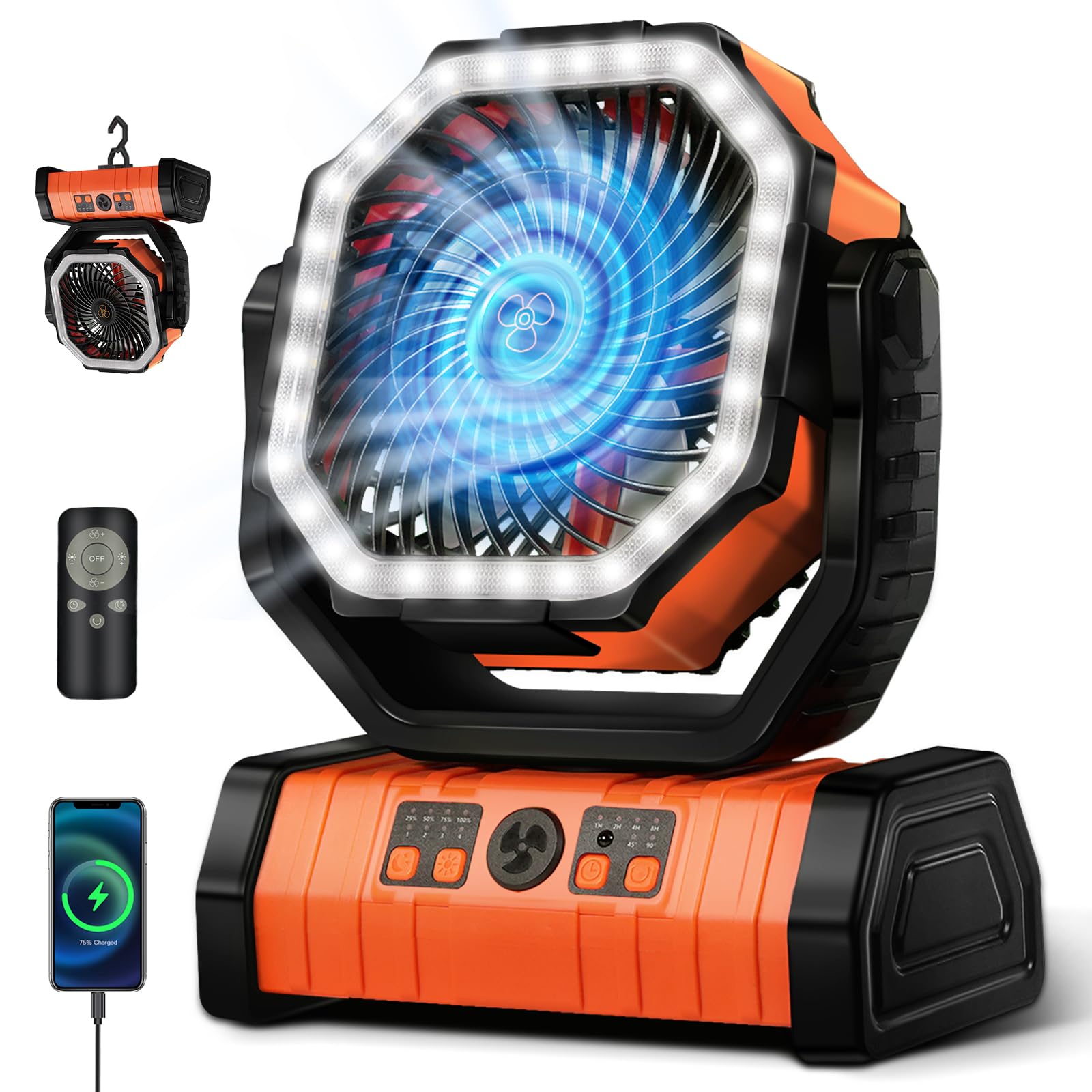 YOGIN High Speed Camping Fan - Multi-Angle Oscillation with Remote Control and Led Light - 20000mAh Rechargeable Battery Long Life - Outdoor Fan for Patio, Camping, Car Traveling