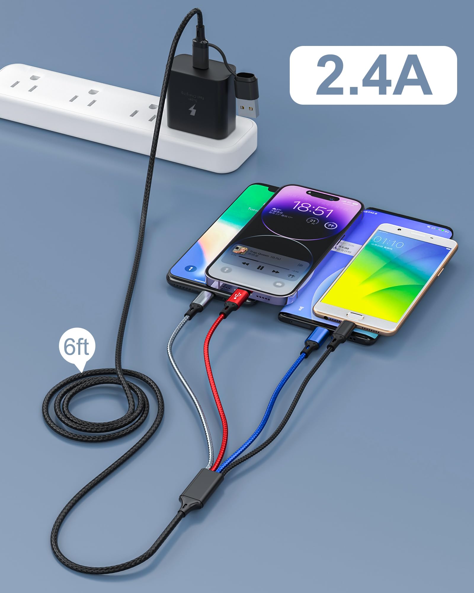 seynli 6-in-1 Multi Charging Cable 6ft, Charging Cables for Multiple Devices, Compatible with iPhone, USB-C, Micro USB - Multi End Charging Cable Supports 2.4A Fast Charging