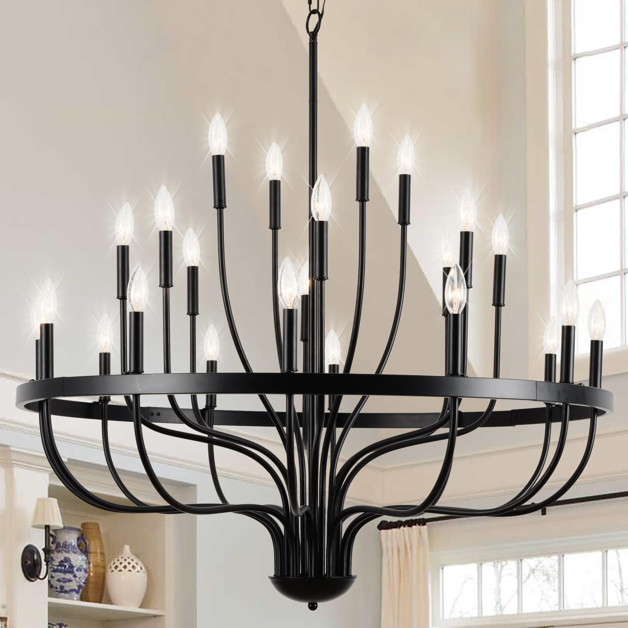 ZBMYRBZJ Black Chandelier 24-Light Industrial Iron Candle Chandelier Modern Suspended Farmhouse Chandeliers Pendant Light Fixtures for Dining Room Bedroom Living Room Kitchen Island Foyer E12 Bulb