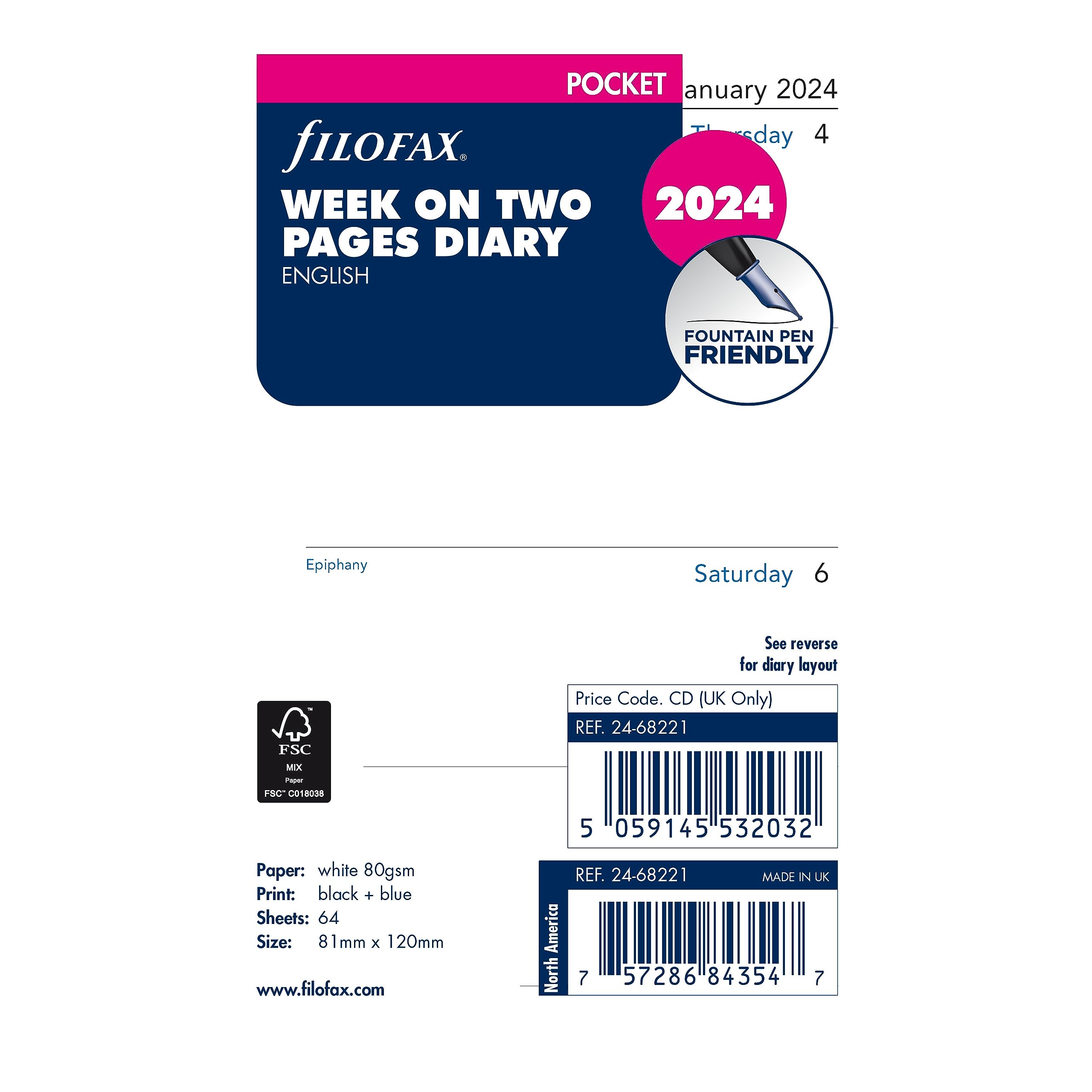 Filofax Calendar Diary Refill, Pocket Size, Week-to-View, White Paper, Unruled, English, 2024 (C68221-24)