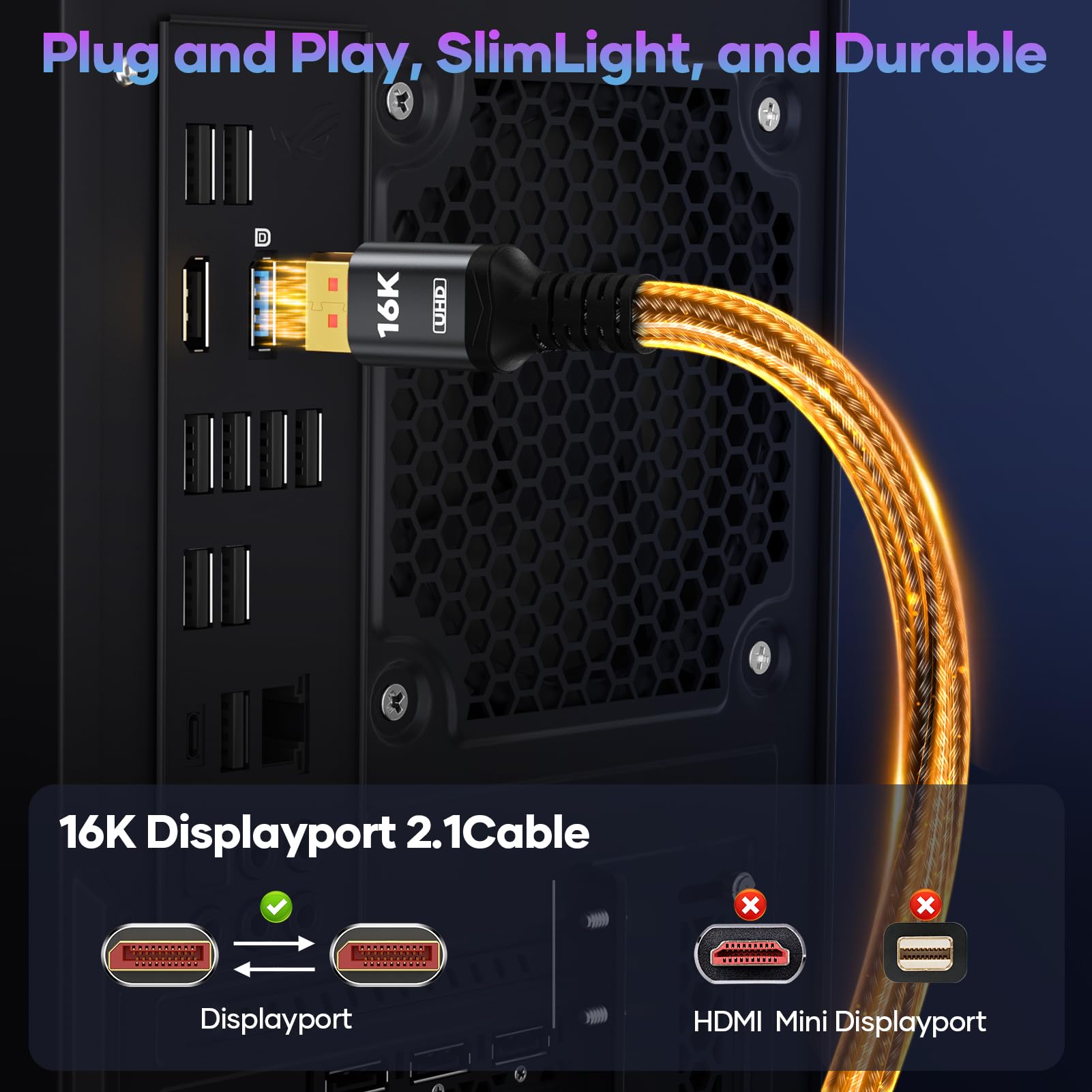 16K Displayport Cable 2.1, DP to DP Cable Available 1.5FT, 3.3FT, 5FT, 6.6FT, 10FT, 16FT, 20FT Lengths for Selection, 16K@60Hz, 8K@120Hz, 4K@240Hz 165Hz 144Hz Support 80Gbps HDR, HDCP DSC 1.2a (1.5FT)