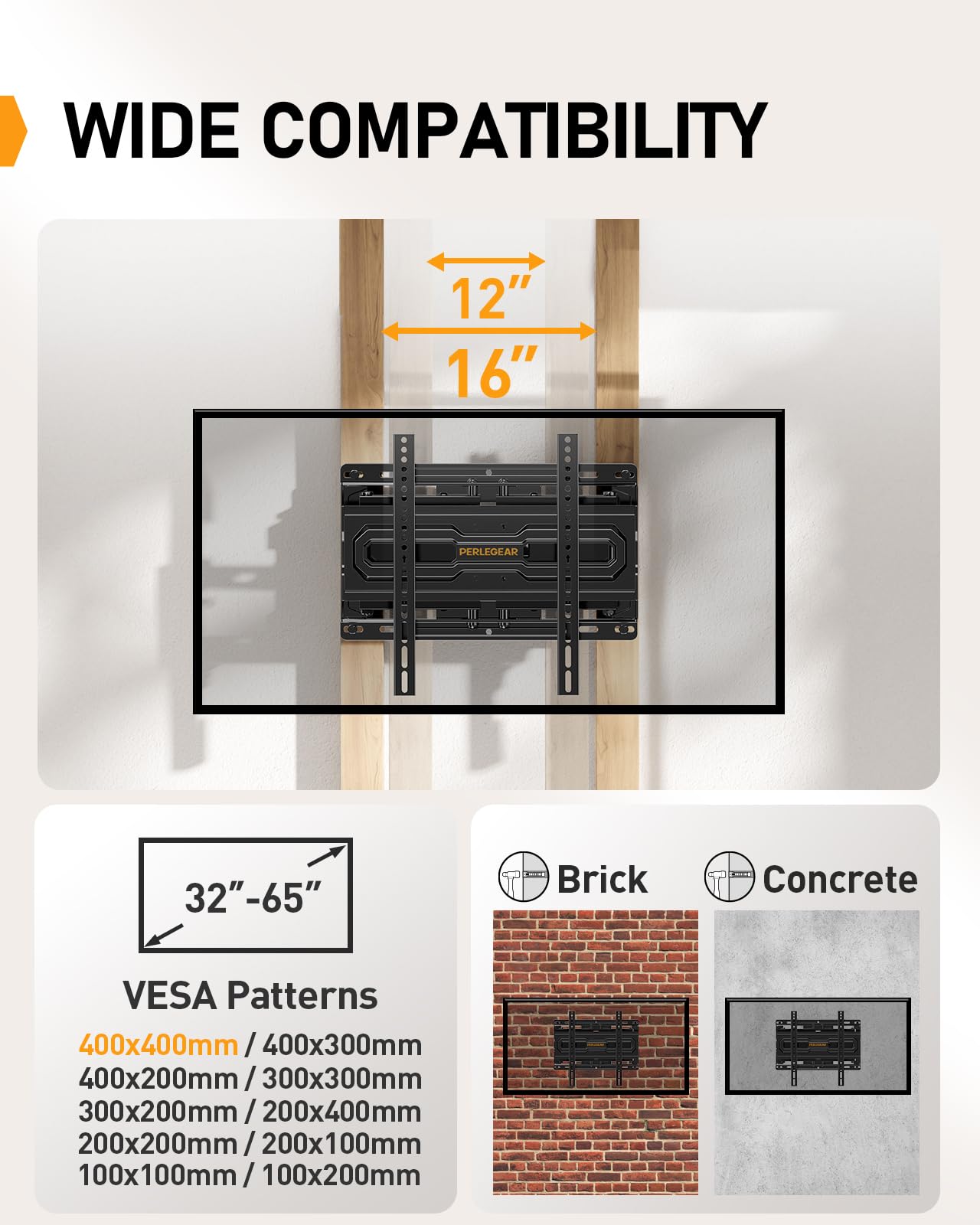 Perlegear Full Motion TV Wall Mount for 32-65 Inch TVs up to 99 lbs, Max VESA 400x400mm, Fits 16”/12” Wood Studs, Adjustable Pre-Assembled TV Wall Mount, Tool-Free Tilt, Swivel & Extension, PGMF21