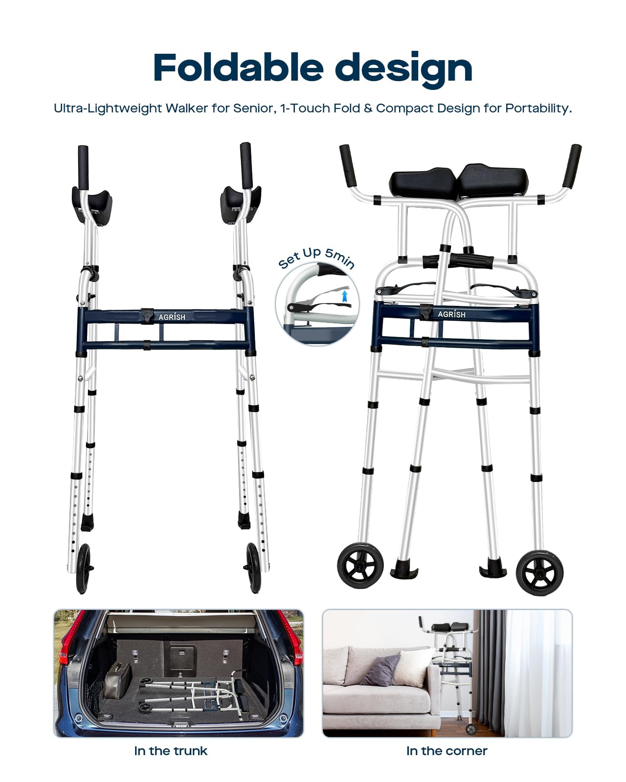 Narrow Walker Folding Upright Walker - with Removable Armrests, 450LBS Heavy Duty, Width & Height Adjustable Narrow Walkers for Seniors, Disabled, Bariatric