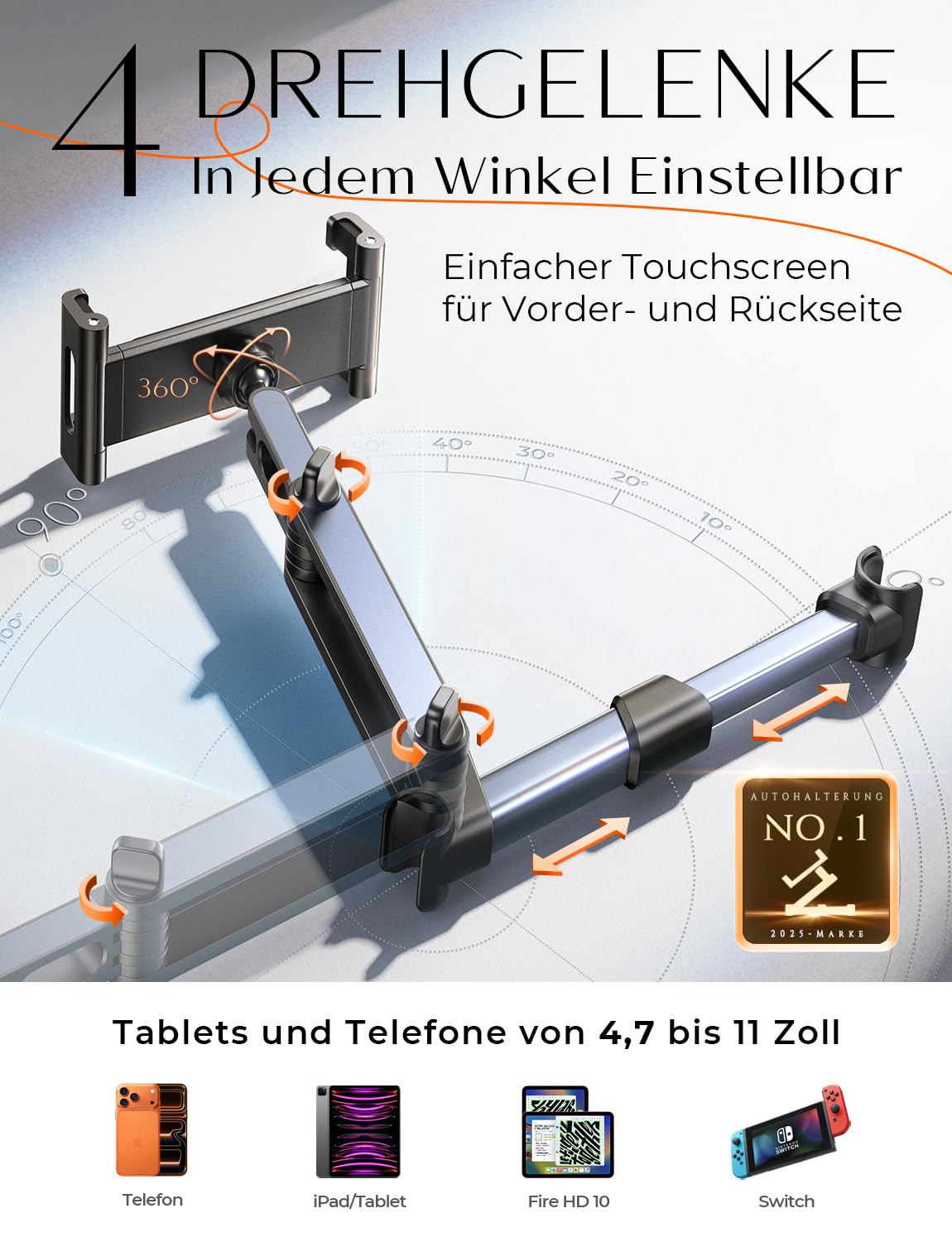 LISEN Extendable Tablet iPad Car Holder Back Seat for Kids, iPad Headrest Mount for Car, Road Trip Must Haves Essentials Tablet iPad Car Mount Accessories Compatible with 2024 iPad Pro Fire