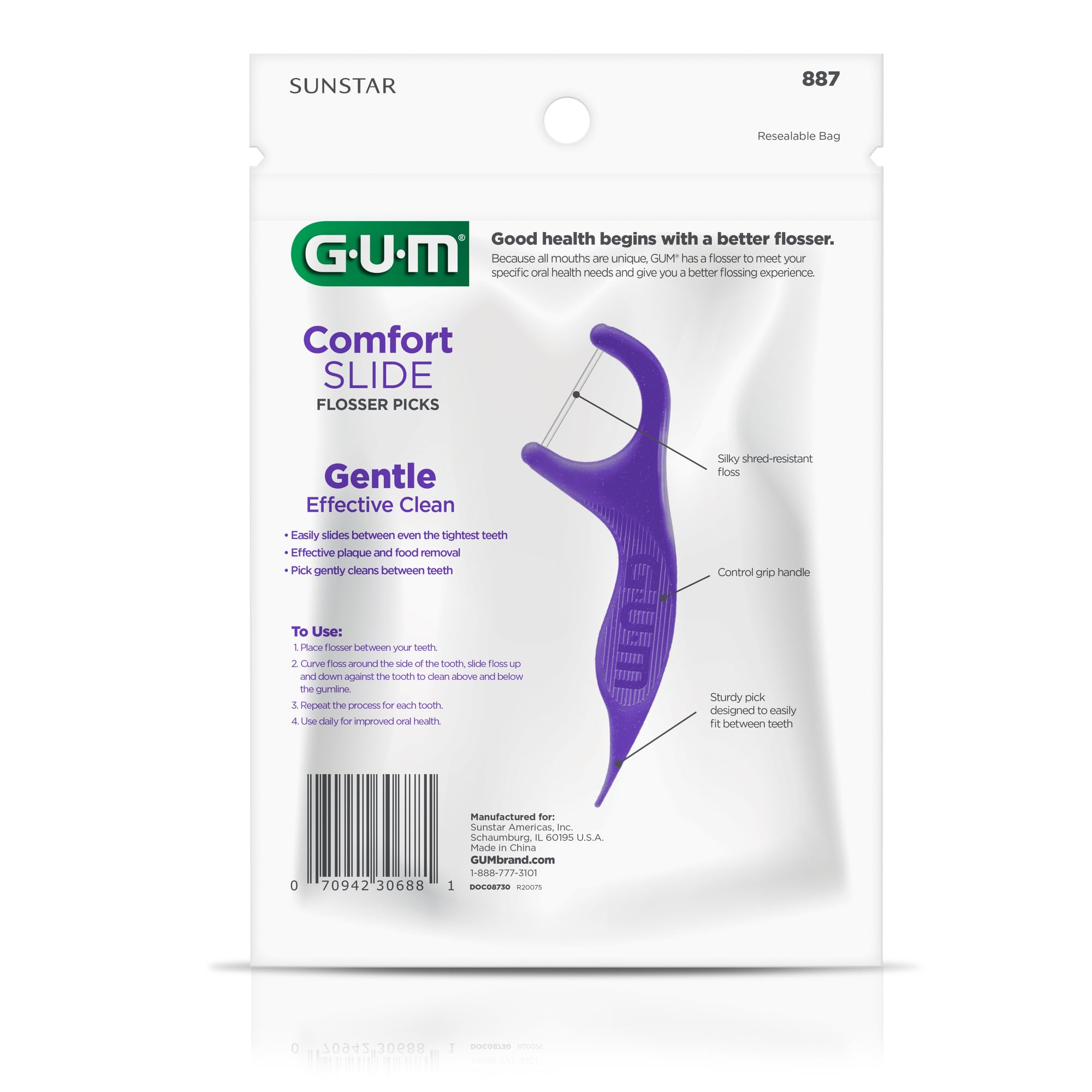 GUM Comfort Slide Floss Picks - Perfect for Tight Teeth - Extra Strong Shred-Resistant Dental Floss, Easy Grip Handle - Dental Flossers for Adults - Fresh Mint Flavor, 90 ct