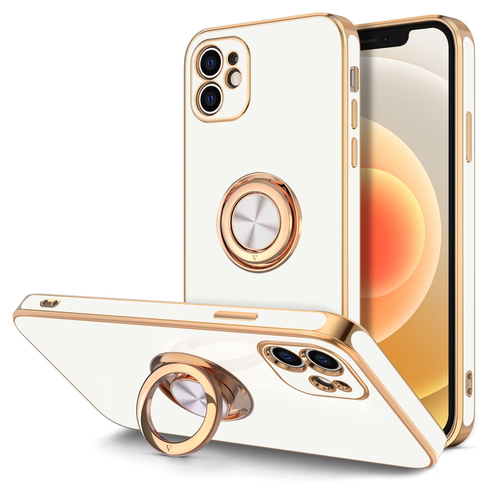 Hython Case for iPhone 12 Case with Ring Stand [360° Rotatable Ring Holder Magnetic Kickstand] [Soft Microfiber Lining] Plating Rose Gold Edge Shockproof Protective Phone Cases Cover for Women, White