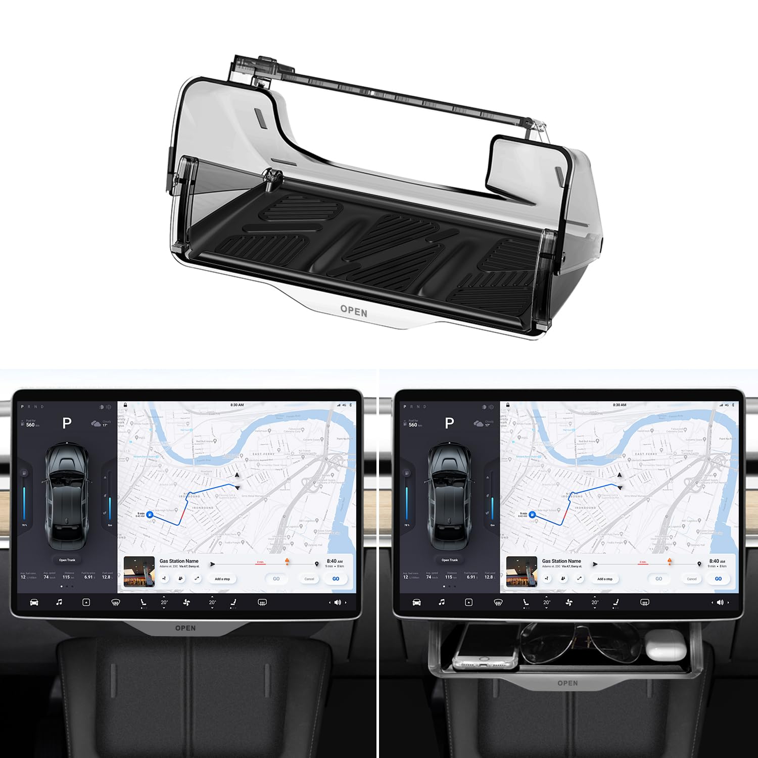 Hideable Under Screen Storage for Tesla Model Y Model 3 2016-2024, Center Console Organizer Tray Sunglasses Holder with Black Anti-Slip Pad, Compatible with Tesla Model Y Model 3 Accessories