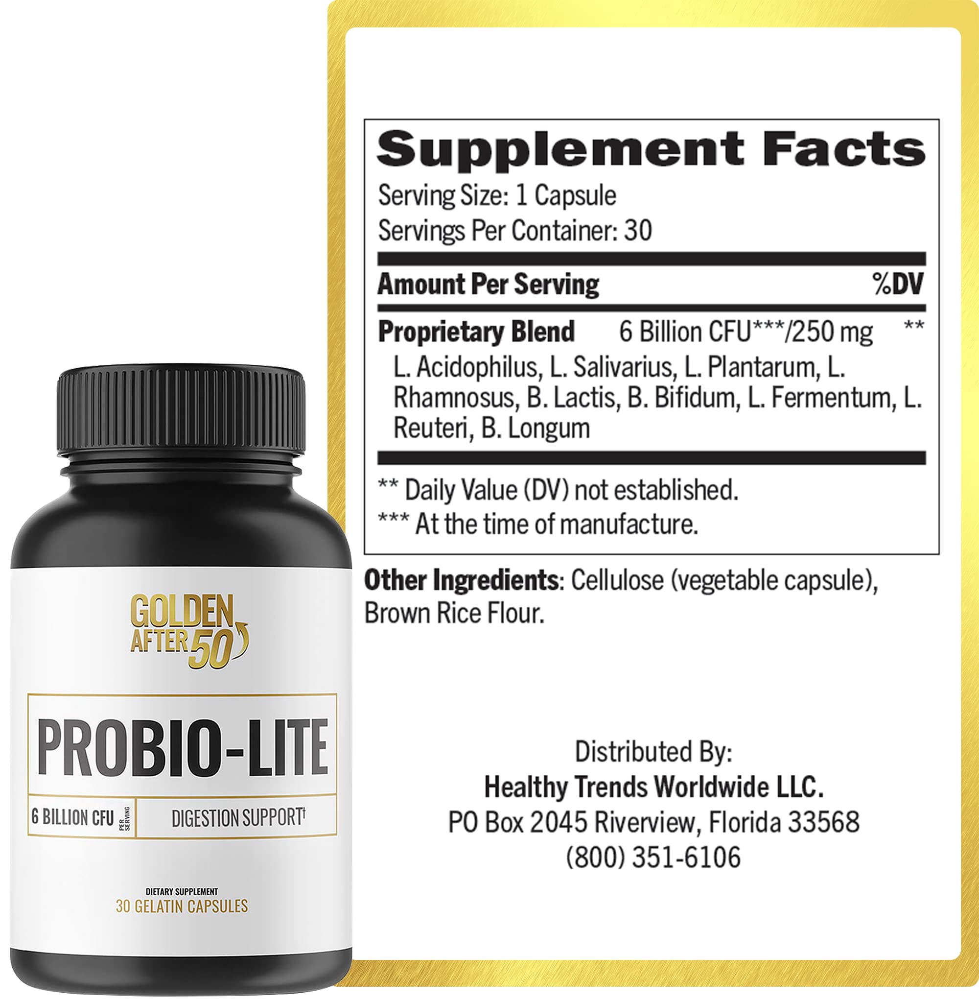 Golden After 50 Probio-Lite - for Gut Health and Digestion Support - Probiotics for Men and Women - 3 Bottles - Probiotics for Occasional Heartburn, Gas, Indigestion