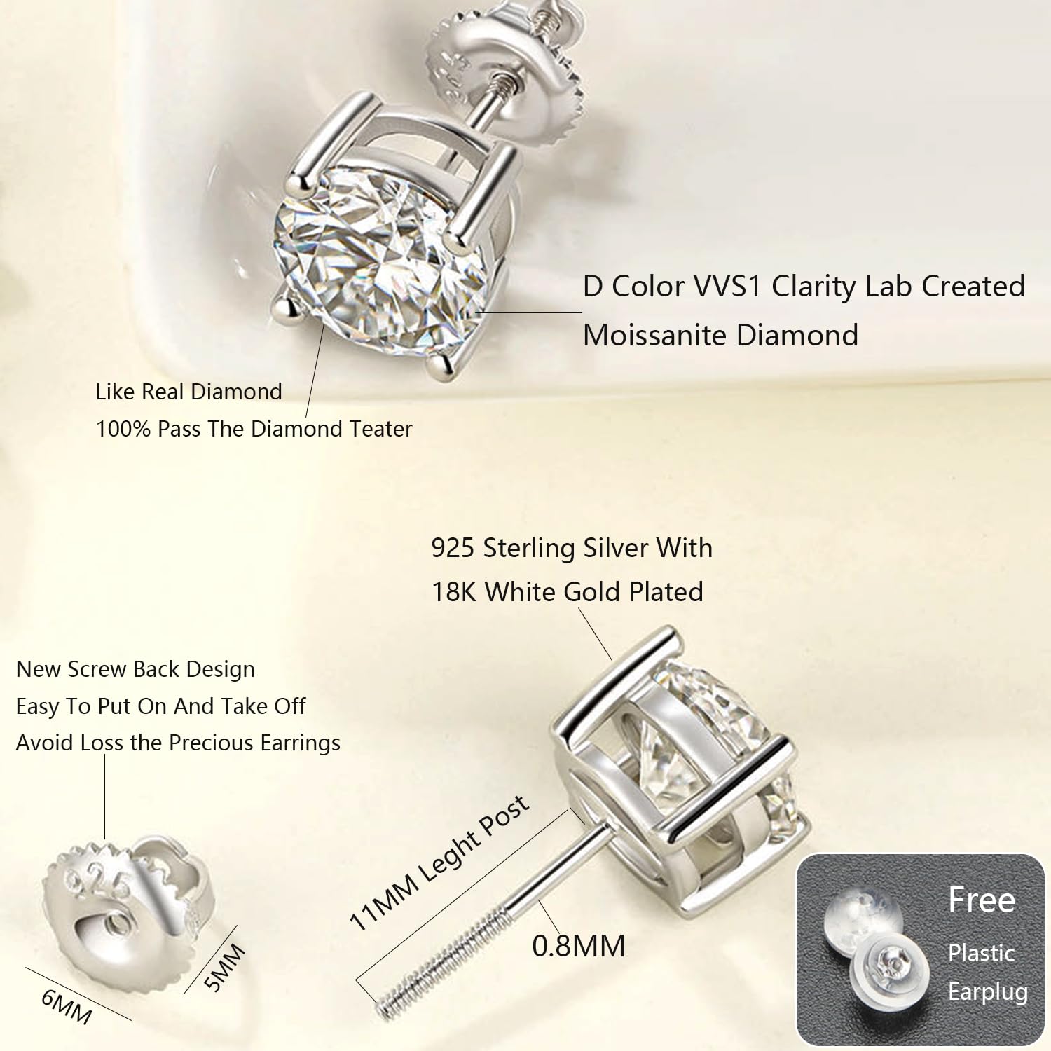 Ctarlitu Moissanite Stud Earrings, D Color VVS1 Brilliant Lab Created Diamond Earrings Women 925 Sterling Silver Screw Back Earrings For Men (2.6 carat/pairs, Gold)