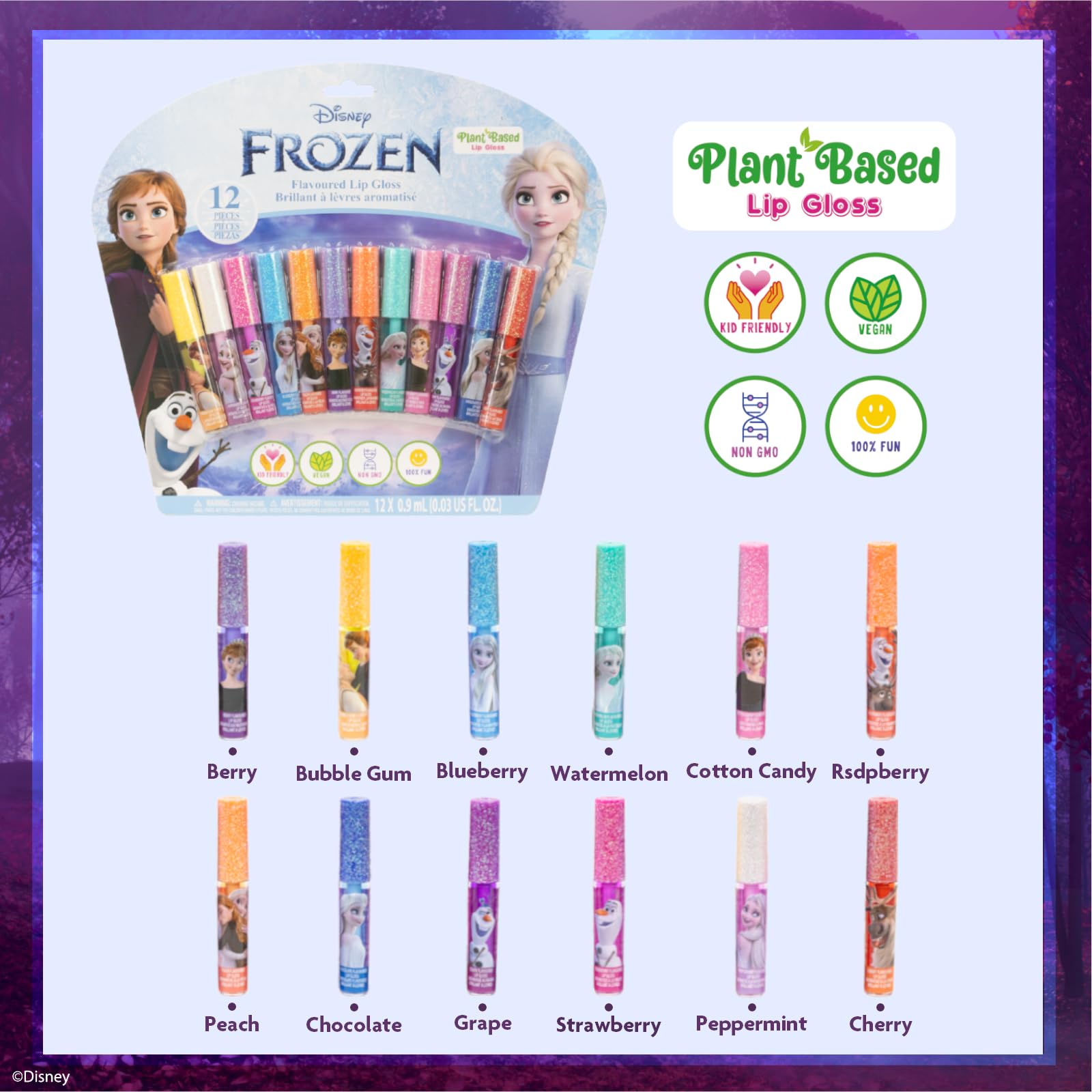 Townley Girl Disney Frozen 12 Piece Plant Based Lip Gloss, Girls Party Favors, First Makeup Set for Girl, Perfect for Parties, Sleepovers, and Birthday Gifts, Elsa and Anna, Ages 3