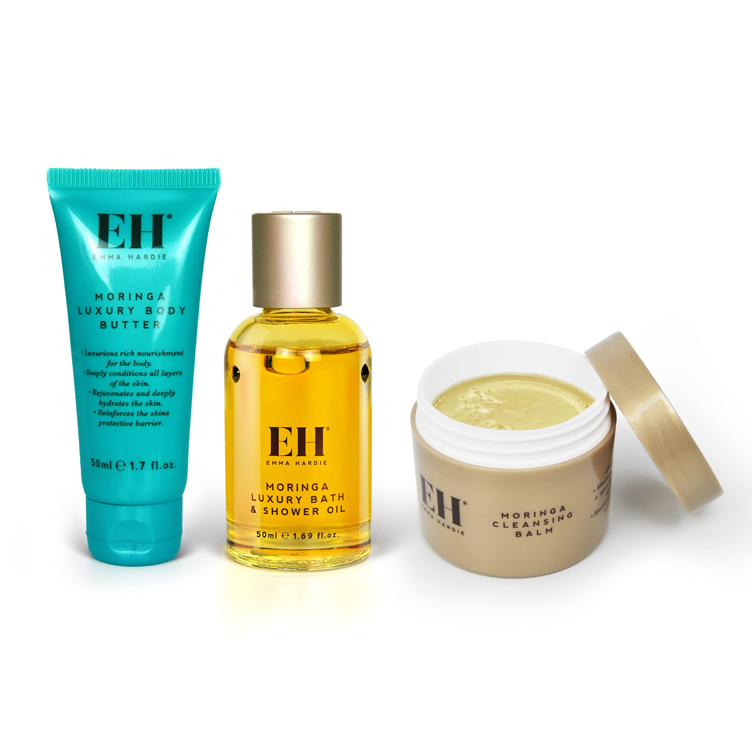 Emma Hardie Luxury Spa Skin Care Set, Travel Size Cleansing Balm, Body Oil, and Body Butter, Body Gift Set with Moringa, Almond Oil, Glycerin, Jojoba Oil, Shea Butter, and Grape Seed Oil