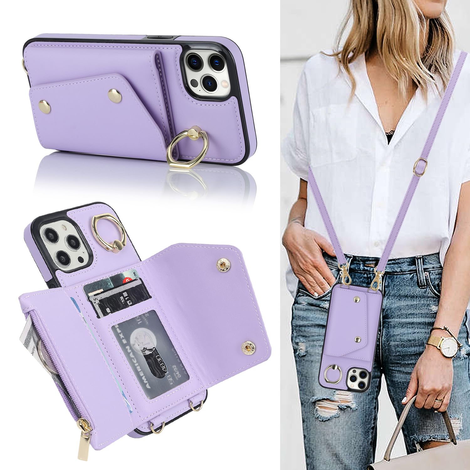 Lipvina for iPhone 12 Pro Max Case Wallet with Strap for Women,Crossbody Lanyard and Wristlet Strap,Zipper Pocket,Credit Card Holder,Stand Ring,Phone Wallet Case(6.7 inch,Purple)