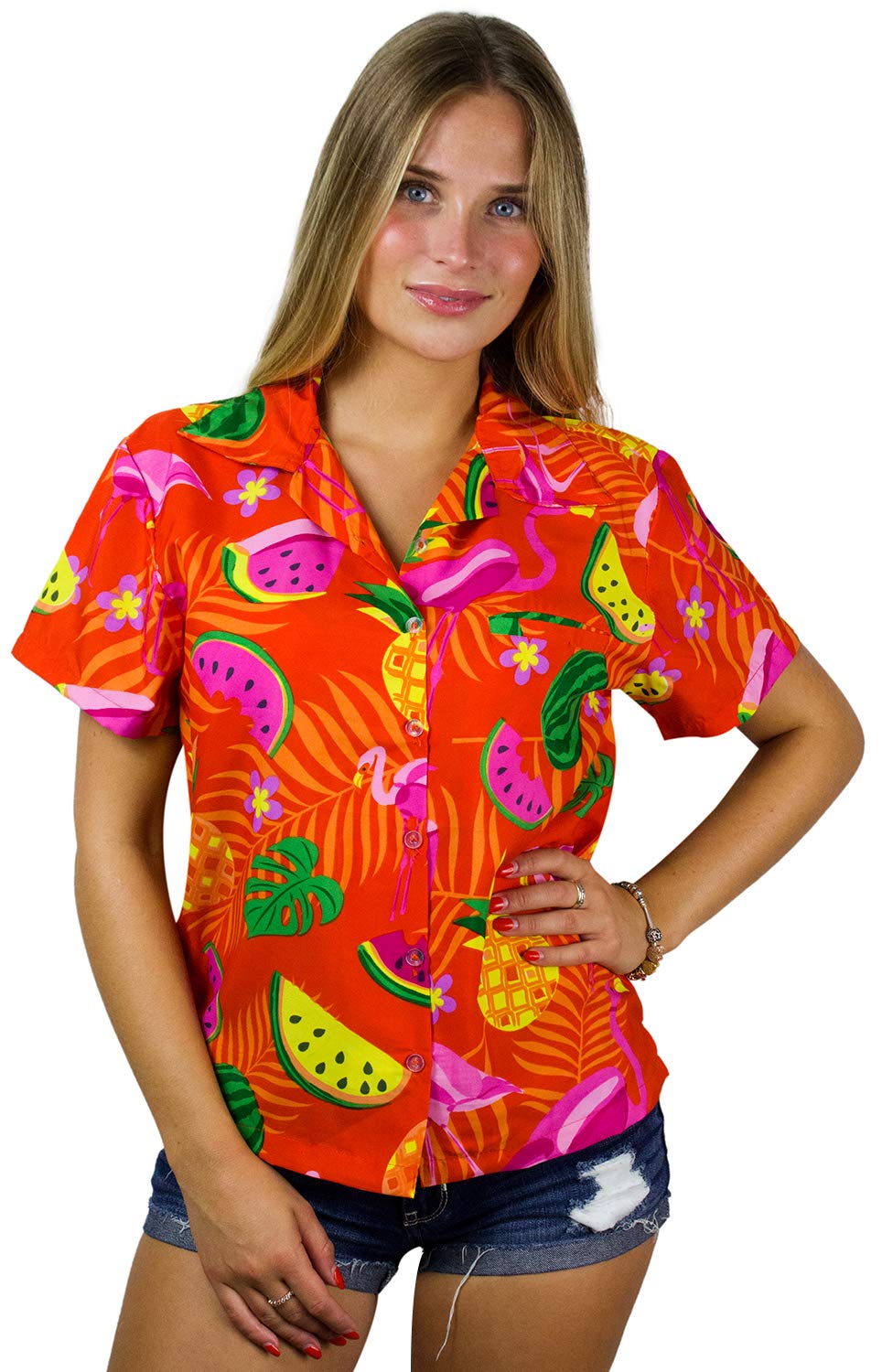 KING KAMEHA Hawaiian-Blouse Women Fruit-Designs Regular-Blouse Short-Sleeve, Flamingo-Melon, Orange, XS