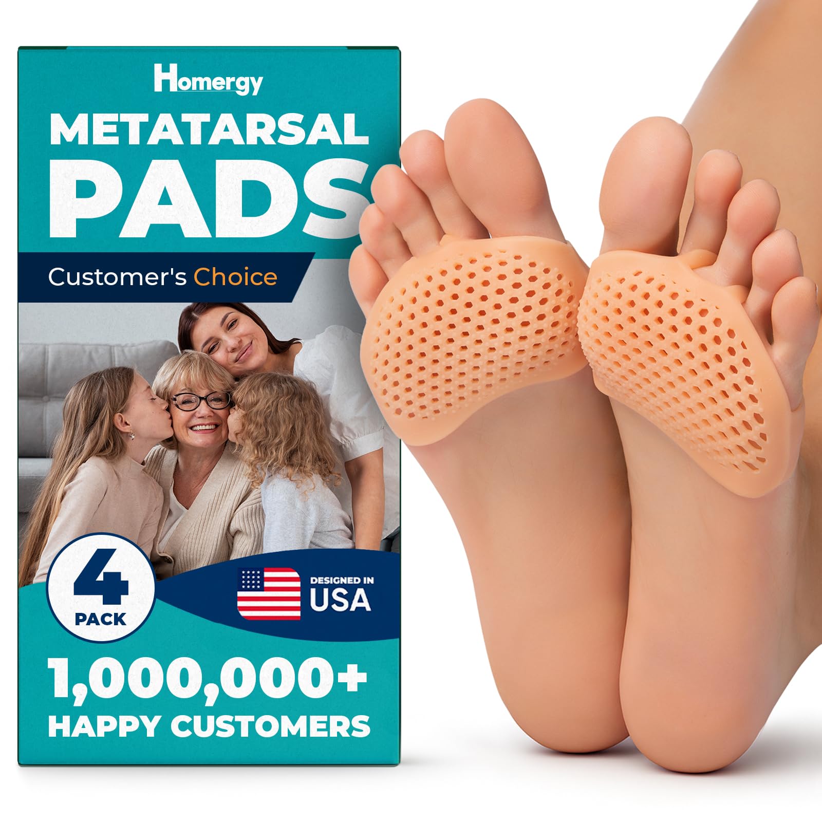 Homergy Metatarsal Foot Pads for Pain Relief - 4 Pack Soft Gel Reusable Breathable Sleeve Pads, Foot Cushions, Forefoot Cushioning Shoe Supports for Women and Men