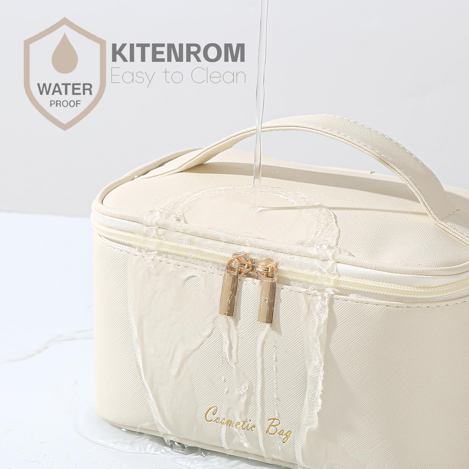 KITENROM Travel Makeup Bag Portable Cosmetic Bags for Women Large Toiletry Bag Case Pouch Organizer Waterproof (Light Beige)