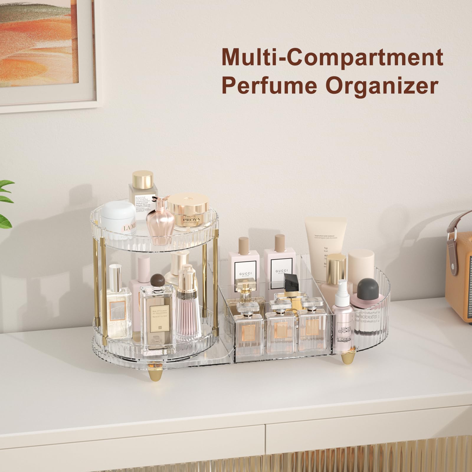 Makeup Organizer Countertop for Vanity, Rotating Perfume Tray with 5-compartment Cosmetic and Skincare Organizers, Multi-Purpose Desk Storage Makeup Brush Holder for Bathroom Bedroom Counter