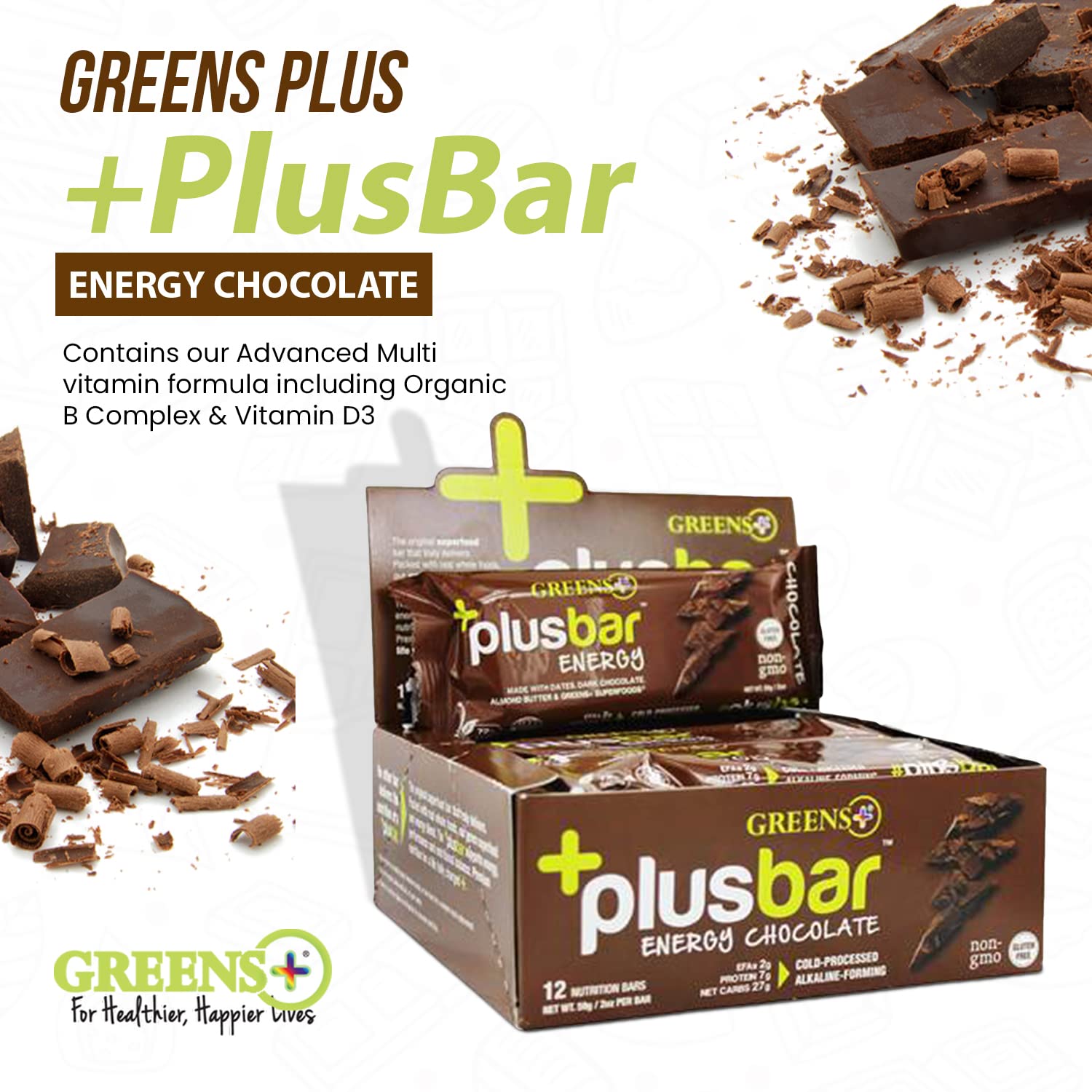 Greens+ Plusbar Energy Bars, Chocolate, Gluten Free Healthy Snacks with Organic Super Greens, Superfoods & Dark Chocolate, Vegan, Dairy Free & Non GMO, 8g Protein Meal Replacement Bars, 12 Bars