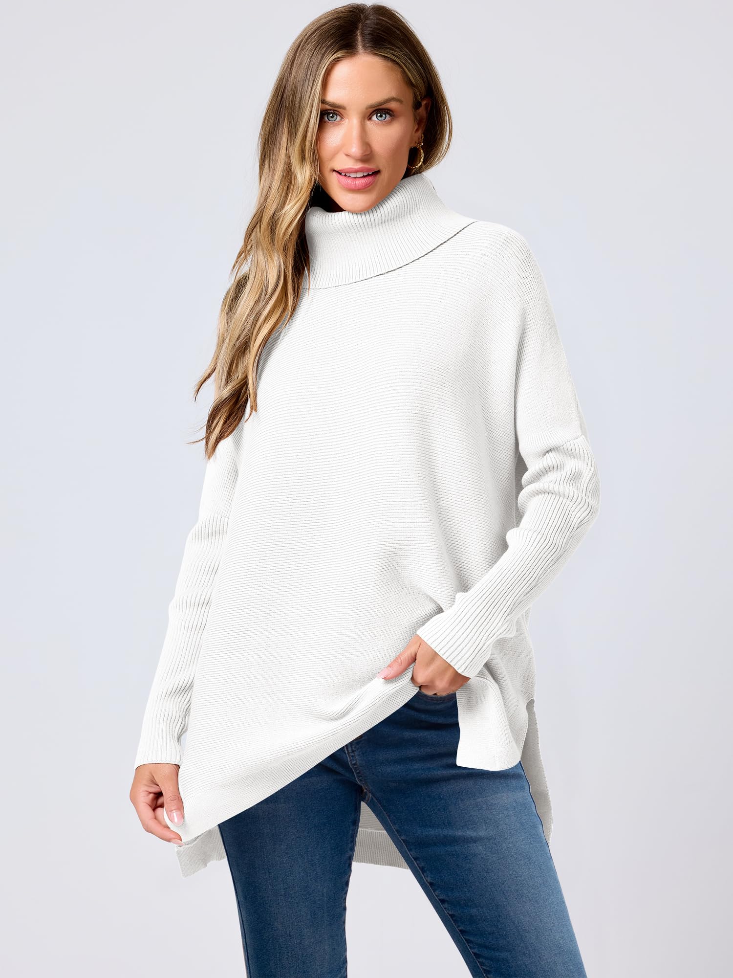 ANRABESS Women's Oversized Turtleneck Batwing Sleeve Spilt Casual Loose Knit Tunic Pullover Sweater Tops 2024 Fall Outfits White Medium