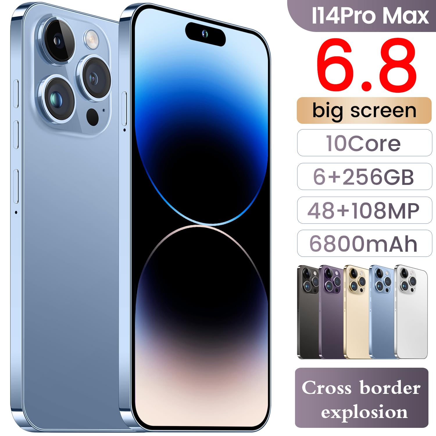 KURSARKEE I14 ProMAX Unlocked Cell Phone,Smartphone Long Battery Life 6.82" HD Screen Unlocked Phones, 6+256GB Android 13.0 with 128G Memory Card, Dual SIM/Fingerprint Lock/Face ID/GPS (Blue)