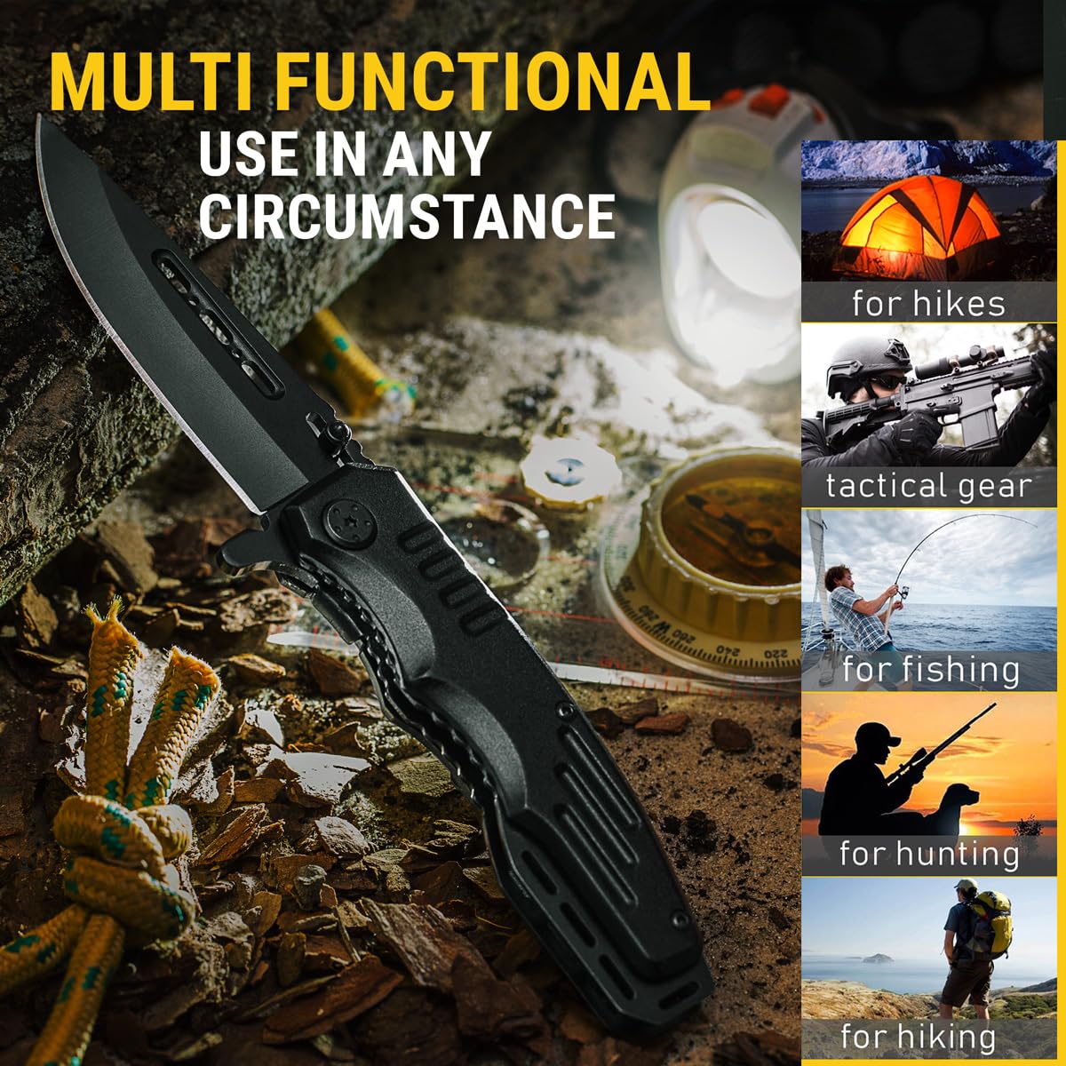 Safety Lock Pocket Knife - Spring Assisted 3.4-inch Sharp Blade - Folding Tactical Black Knife with Aluminum Handle - Ideal Knives Set for EDC Camping Hunting Survival - Birthday Gift for Men & Women 6681