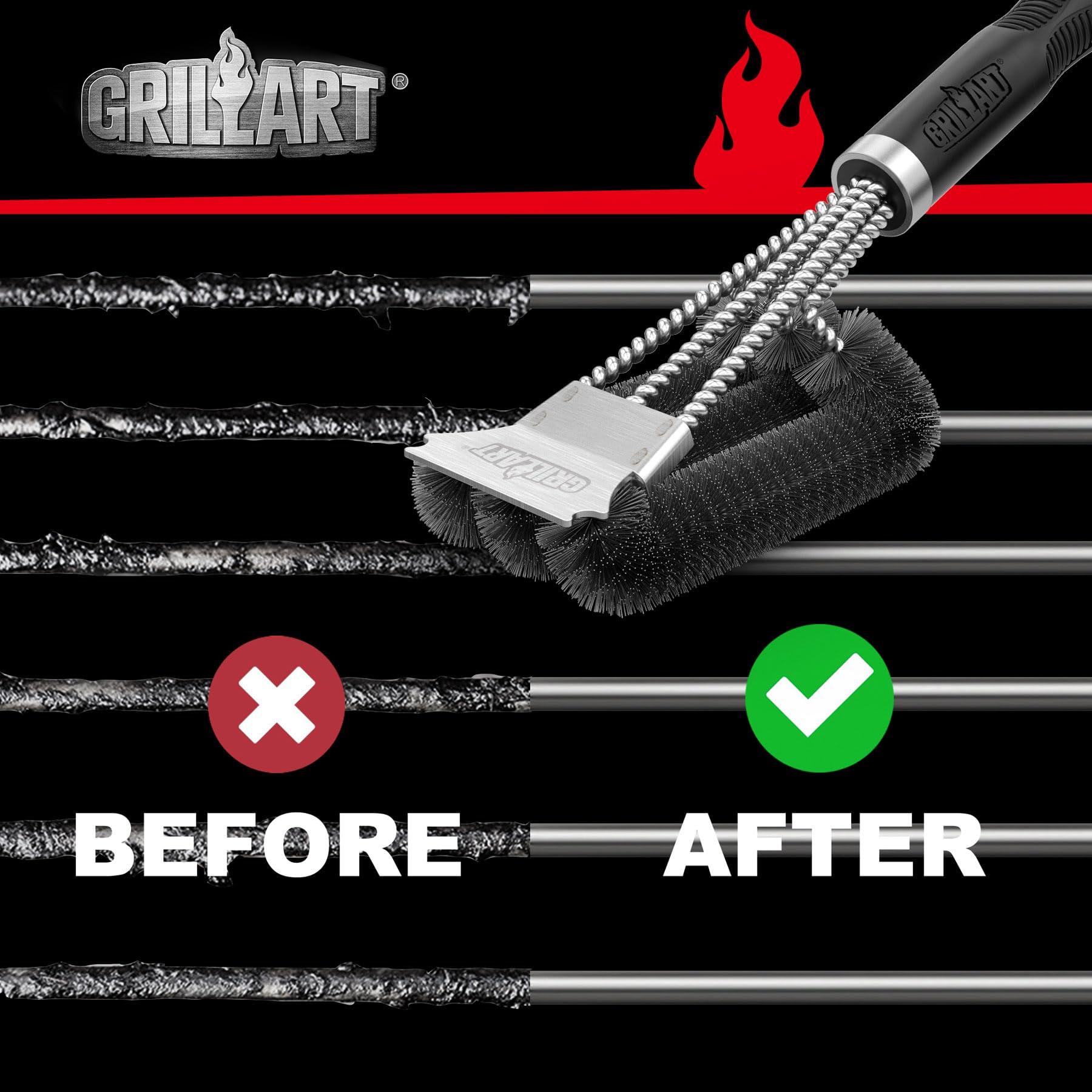 GRILLART Grill Brush and Scraper, Extra Strong BBQ Cleaner Accessories, Safe Wire Bristles 18" Barbecue Triple Scrubbers Cleaning Brush for Gas/Charcoal Grilling Grates, Wizard Tool BR-8115