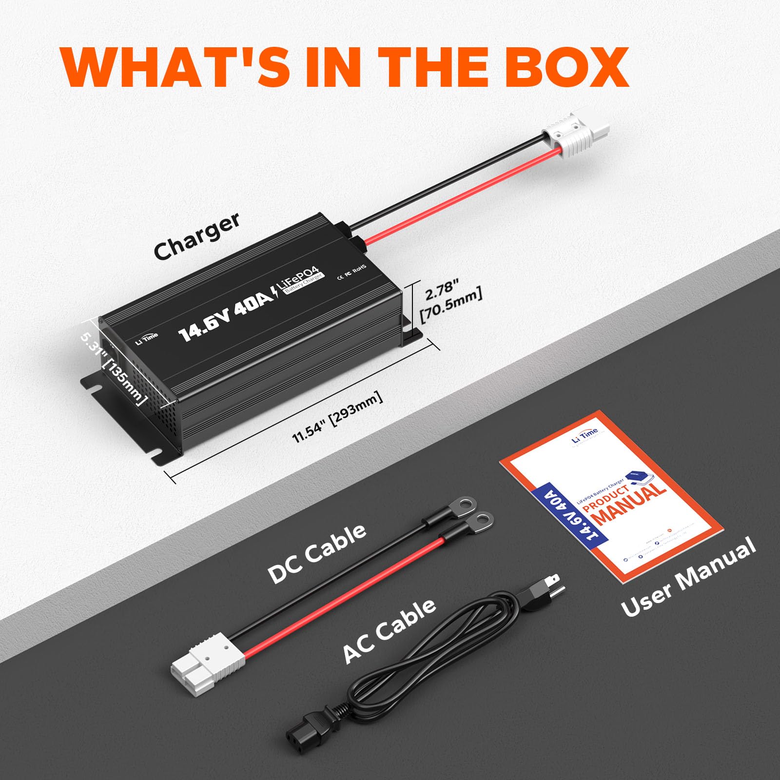 LiTime 14.6V 40A Lithium Battery Charger Mountable for 12V LiFePO4 Lithium Battery with LED Indicator and ON/Off Switch, AC-DC Smart Charger for 12.8V LiFePO4 Lithium Batteries, 40A Fast Charging