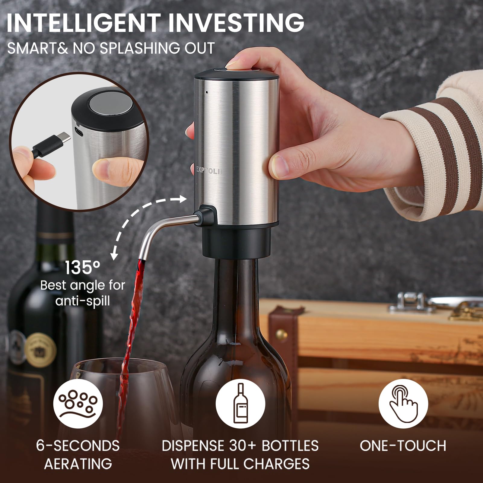 Electric Wine Opener Gift Set - Rechargeable Wine Bottle Opener, Wine Aerator, Vacuum Stoppers, Foil Cutter for Home Bar and Outdoor Parties