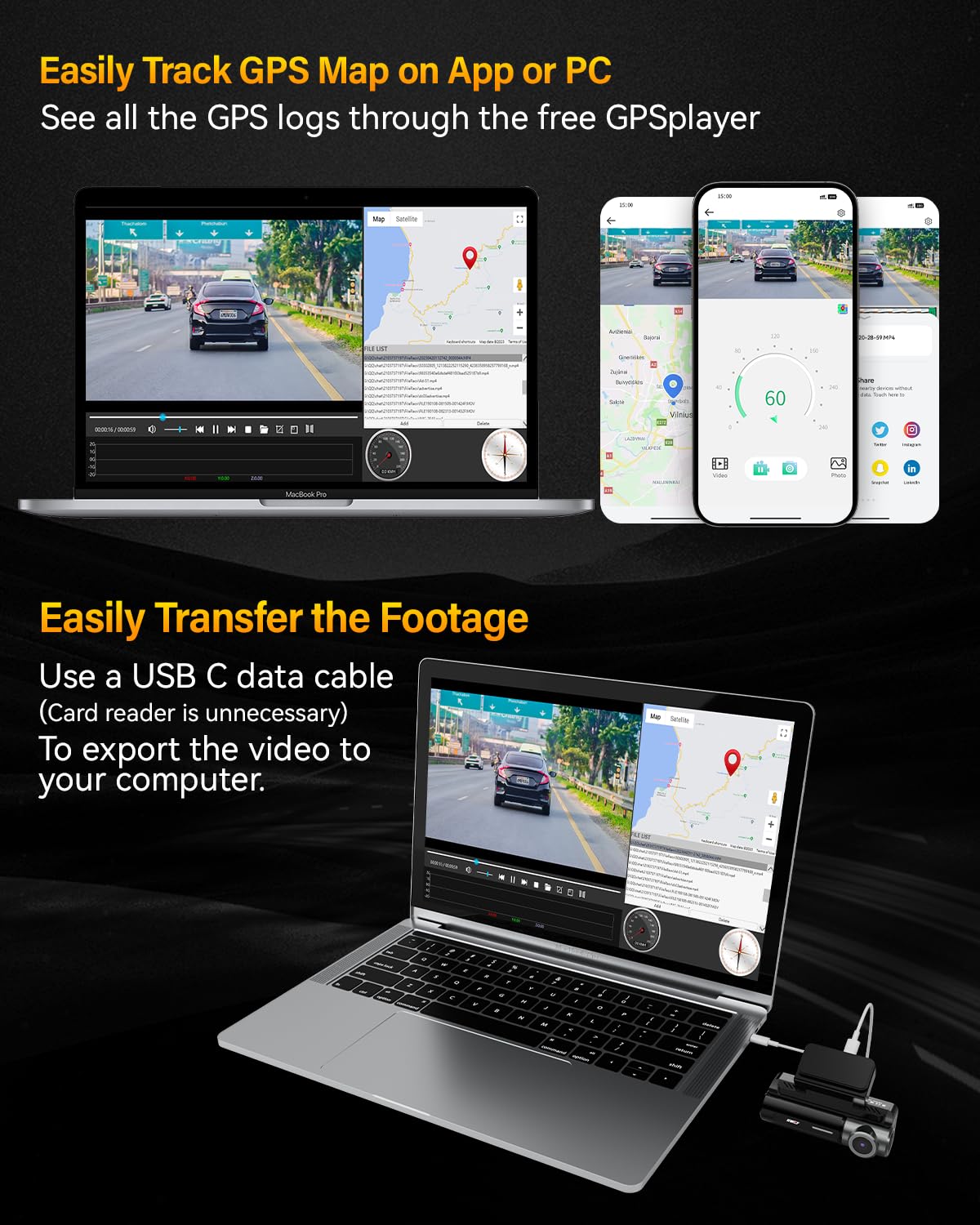 Dash Cam Front Rear 4K Built-in GPS 5GHz WiFi, 3.39" IPS Screen, Voice Control, Dual Dash Camera for Cars Free 64GB SD Card, Super Night Vision, 24H Parking Monitor, Supercapacitor, Type C, WDR