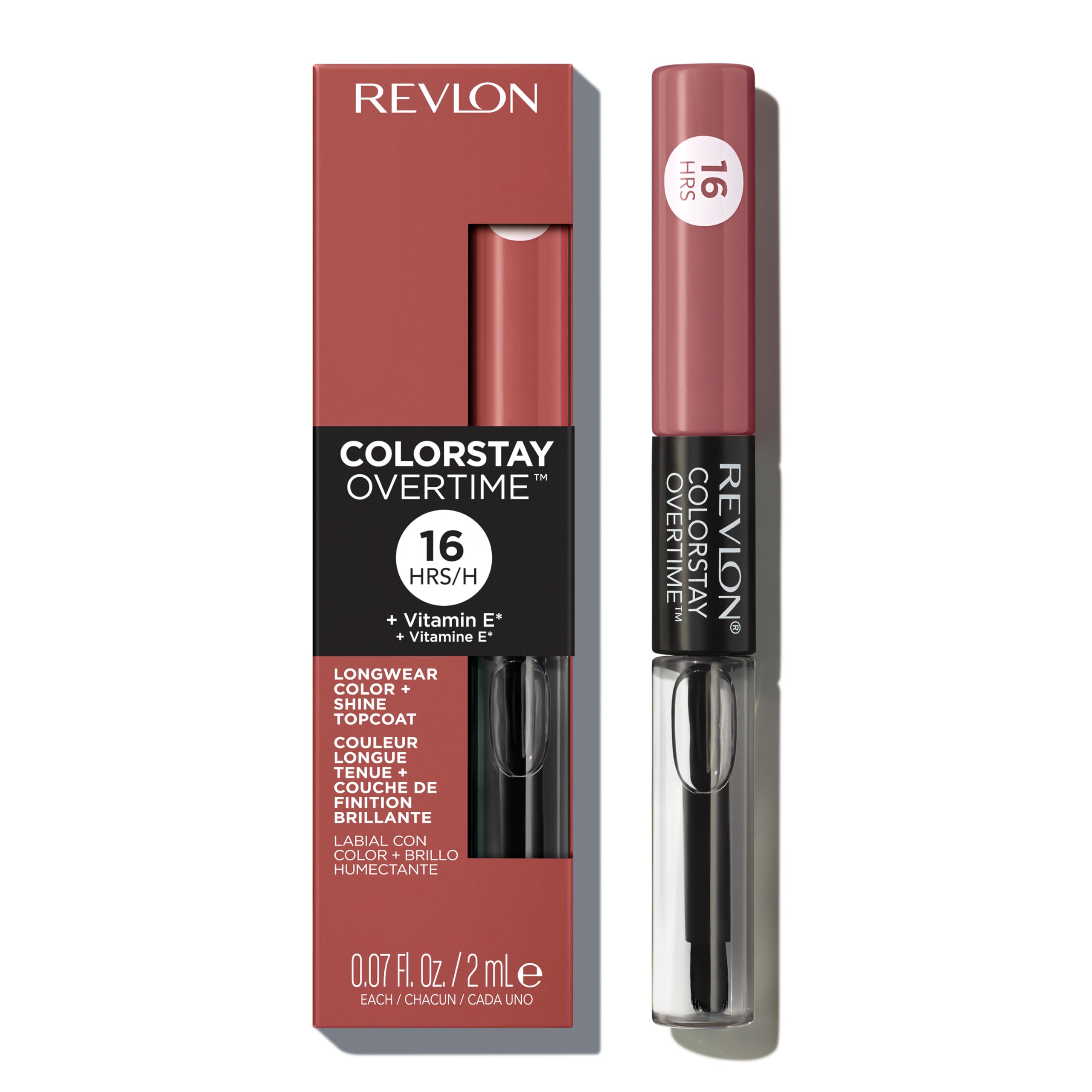 Revlon Liquid Lipstick with Clear Lip Gloss, ColorStay Overtime Lipcolor, Dual Ended with Vitamin E, 350 Bare Maximum, 0.07 Fl Oz (Pack of 1)