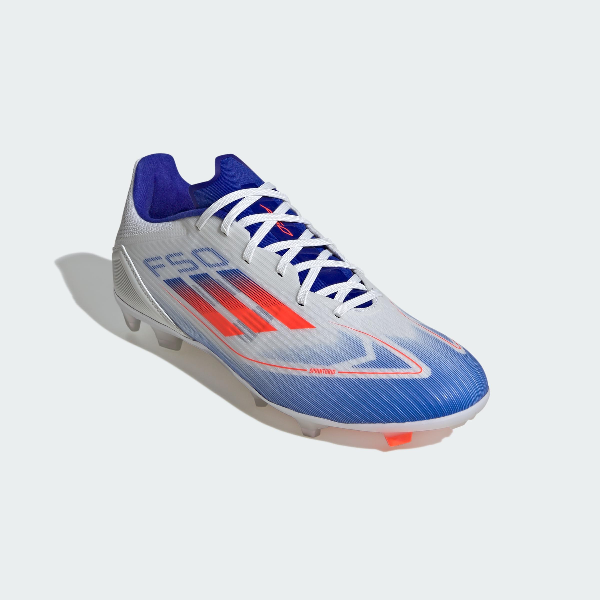 adidas Unisex F50 League Football Boots Firm Ground Sneaker, White/Solar Red/Lucid Blue, 9.5 US Men