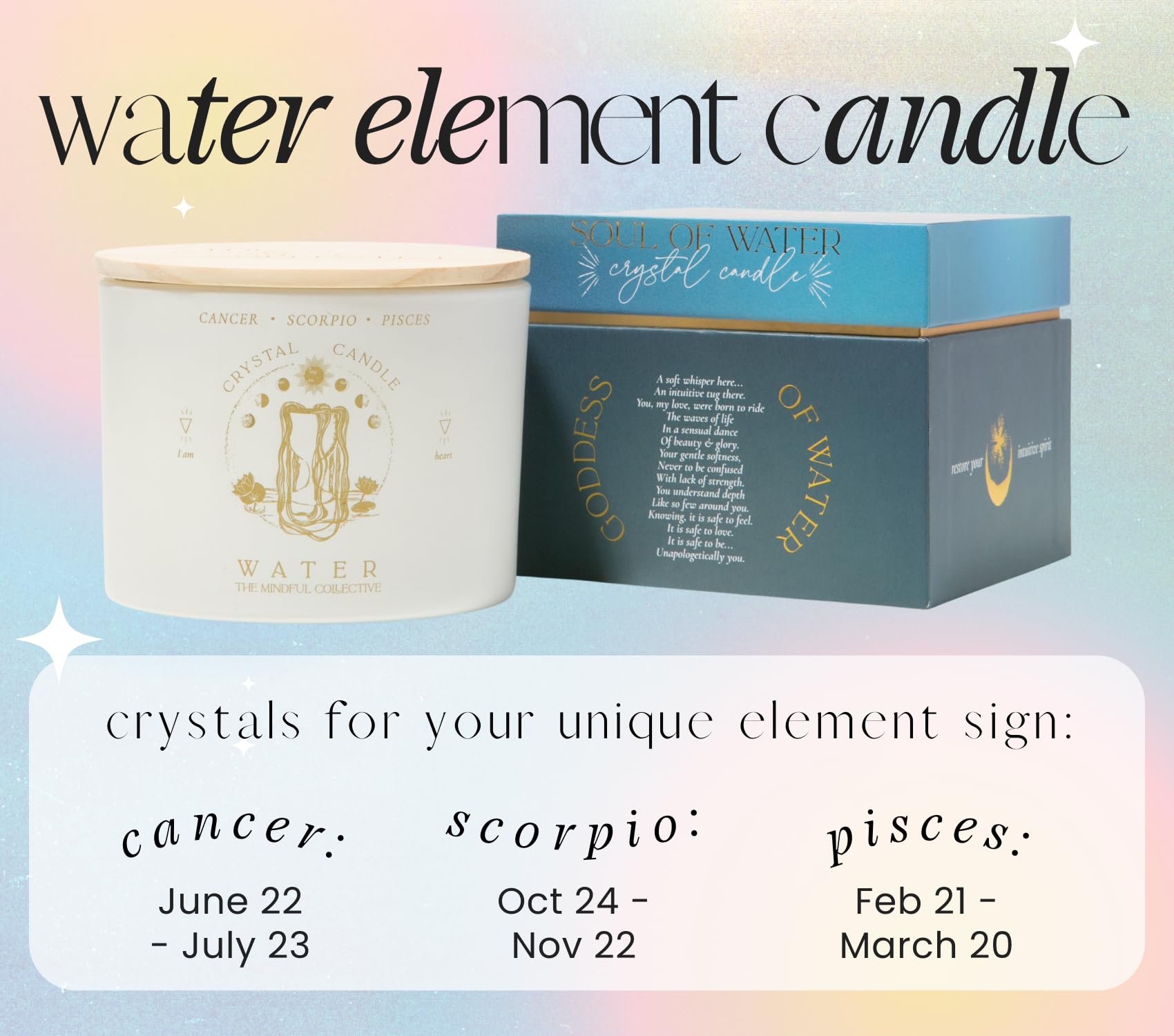 Pisces, Cancer, Scorpio Gifts for Women - 12oz Crystals and Healing Stones Crystal Candle. Zodiac Candle, Spiritual Birthday Gifts for Women. 3 Wick Aromatherapy Soy Candles for Home Scented