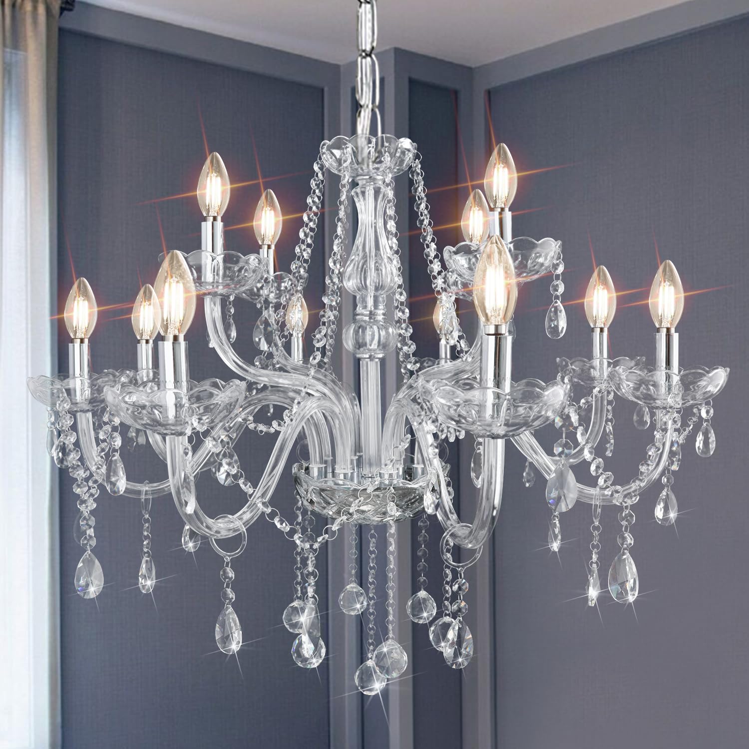 Gorgeous Vintage Crystal Chandelier 12-Lights K9 Crystal Candle Chandelier Pendant Lamp Large Ceiling Light Fixture for Living Room Dining Room Hallway Entry W33.5 X H47.2 of CRYSTOP