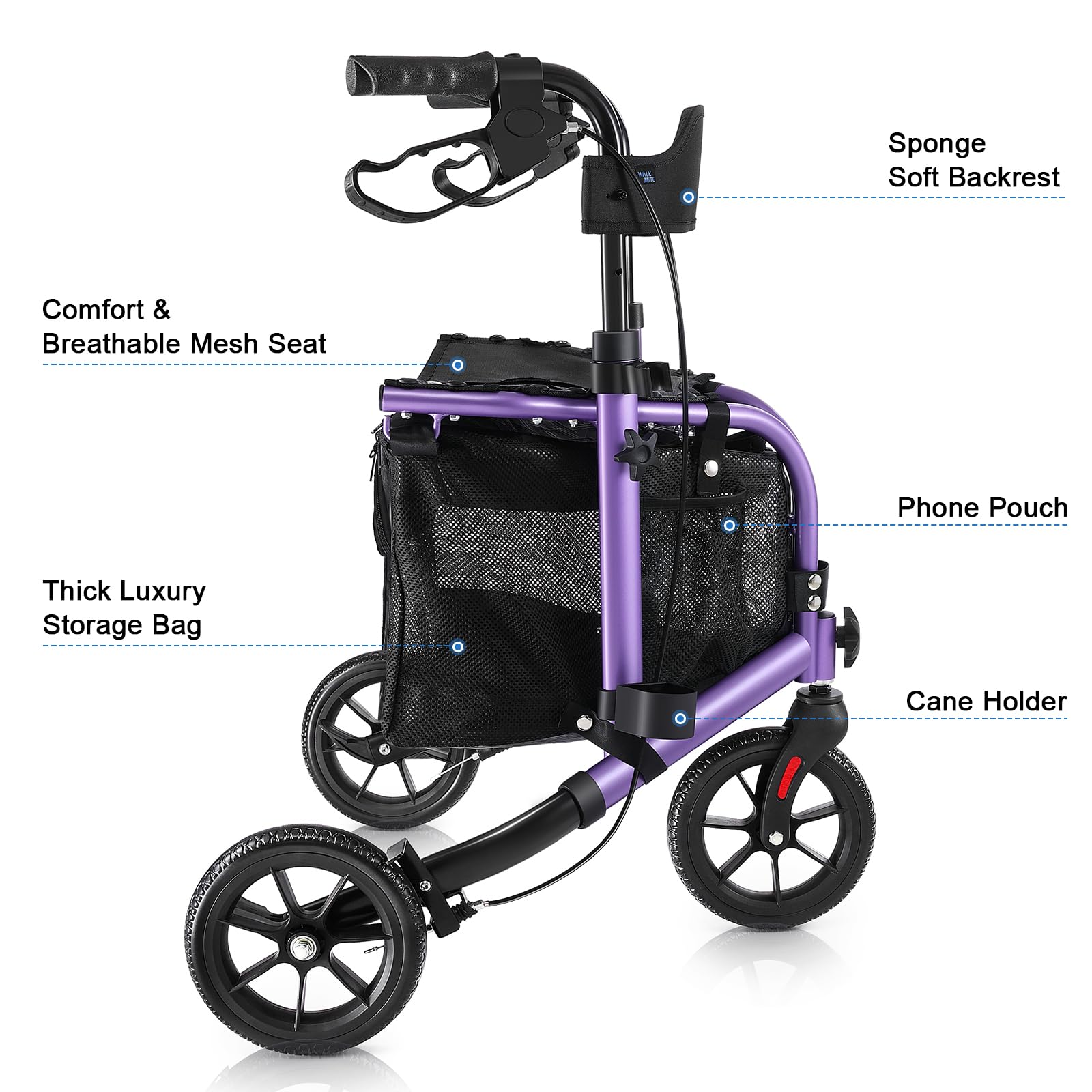 WALK MATE 3 Wheel Rollator Walker with Seat for Slim Seniors, Padded Backrest Lightweight Foldable Travel Walker Ideal for Elderly, 8 Inch Tri-Wheel Modern Mobility Walking Aid Aluminum, Purple