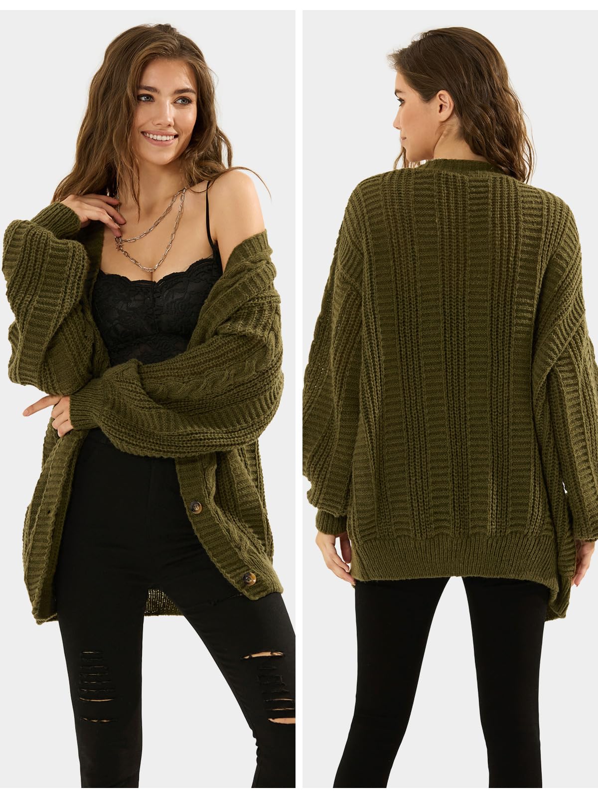 EXLURA Womens 2025 Oversized Cardigan Sweaters Fall Winter Lightweight Soft Knit Cardigan Open Front Button Outwear Coats Army Green