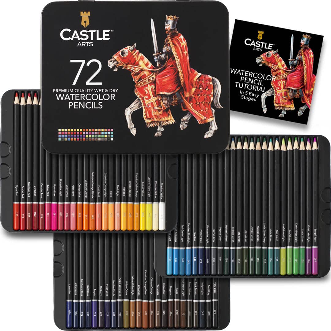 Castle Art Supplies 72 Watercolor Pencils Set | Vibrant Pigments for Blending, Drawing and Painting | For Adults, Hobbyists and Professionals I Protected and Organized in Presentation Tin Box