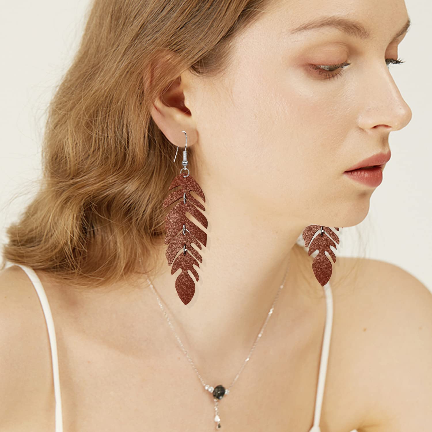 WUWEIJIAJIA Handmade Unique Lightweight Bohemian Genuine Leather Leaf Dangle Drop Earrings Dainty Sparkly Chain Feather Hook Earring for Women Statement (Brown)