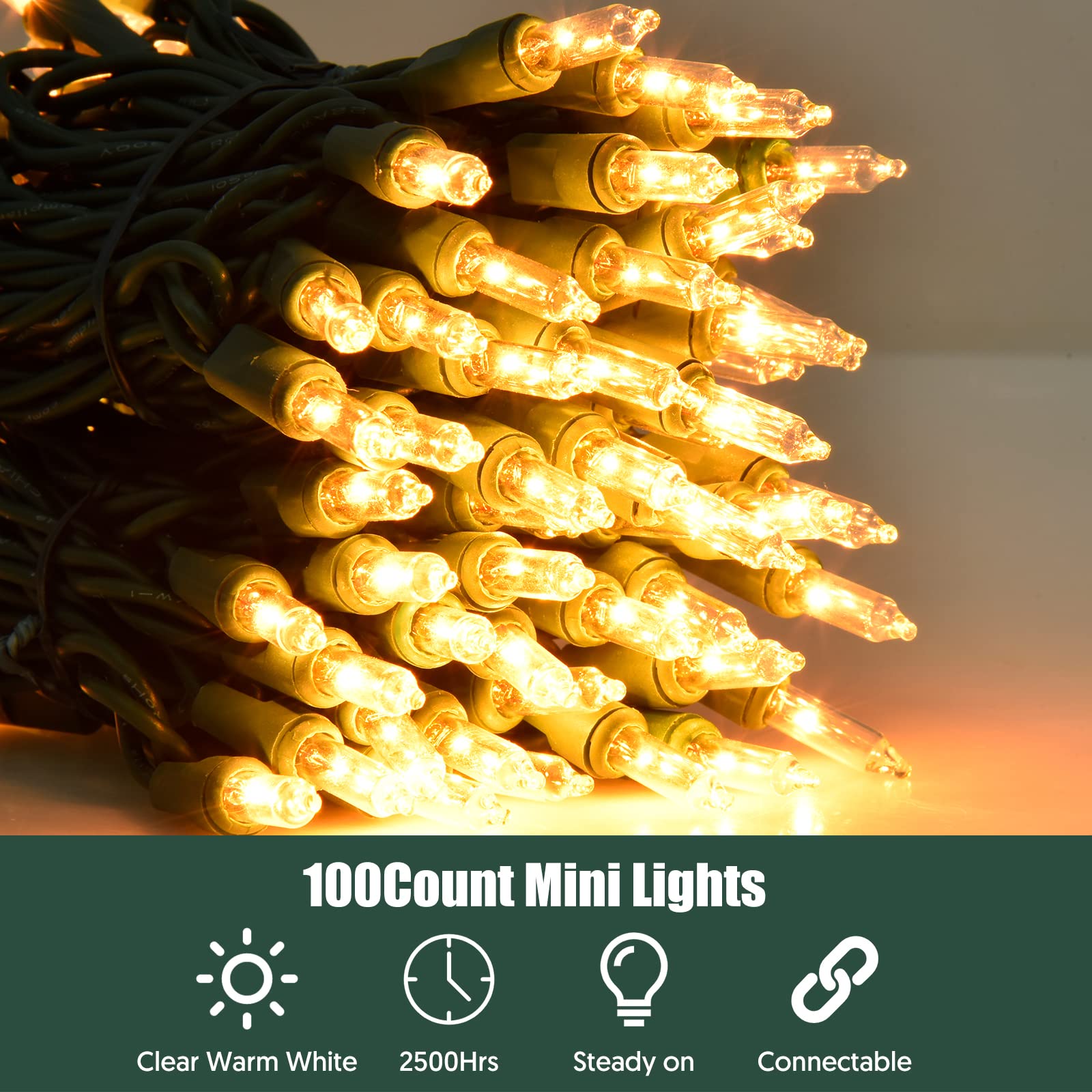 Dirnun Christmas Lights Clear White 100 Count Incandescent Lights UL Certified Connectable Christmas Tree Lights with Green Wires for Indoor Outdoor Xmas, Wedding, Holiday, Party, Home Decorations