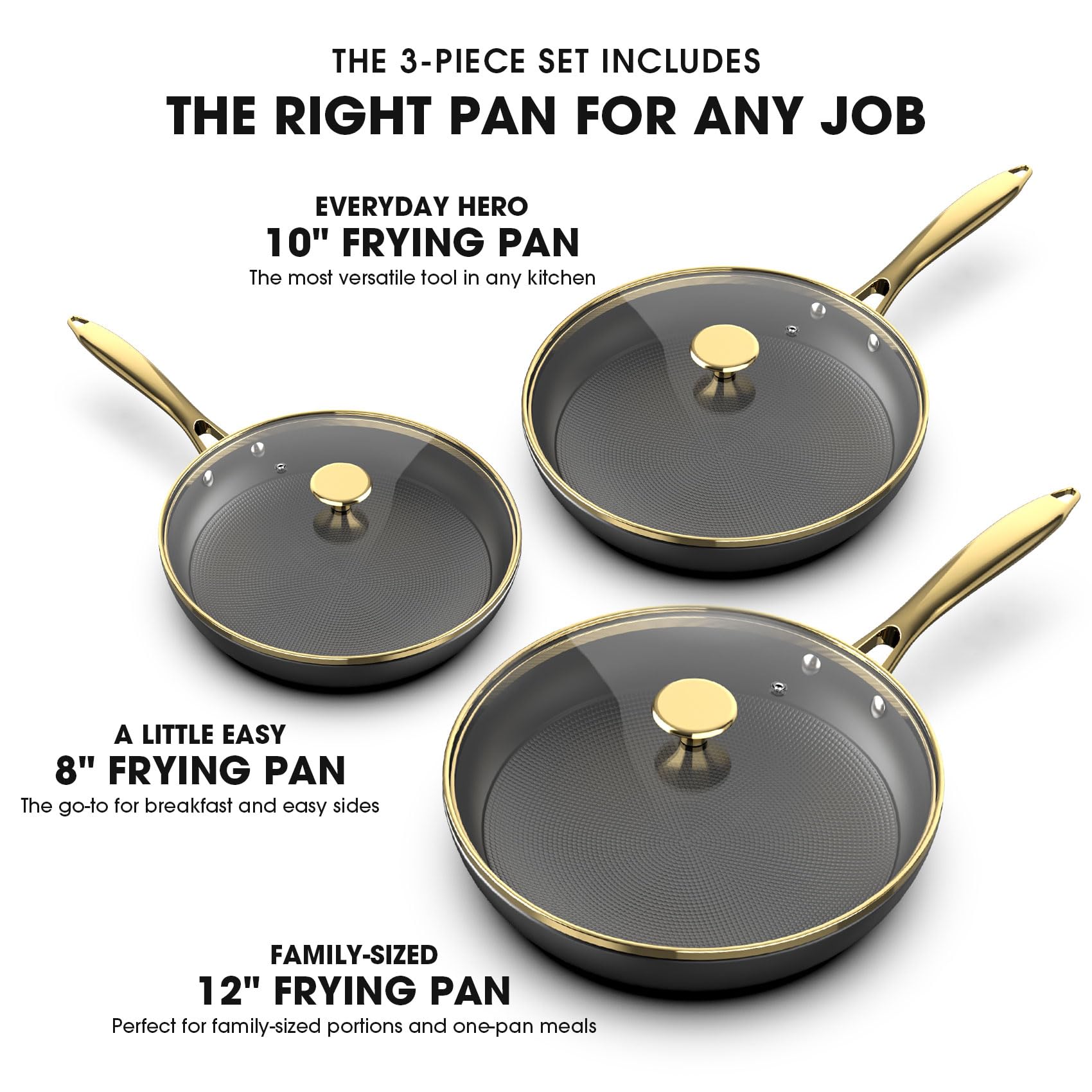 imarku Non Stick Frying Pans, Nonstick Cast Iron Skillets 3 Pcs - 8 Inch, 10 Inch and 12 Inch Frying Pans Nonstick with Lid, Professional Nonstick Frying Pan, Cast Iron Pan, Best Gift