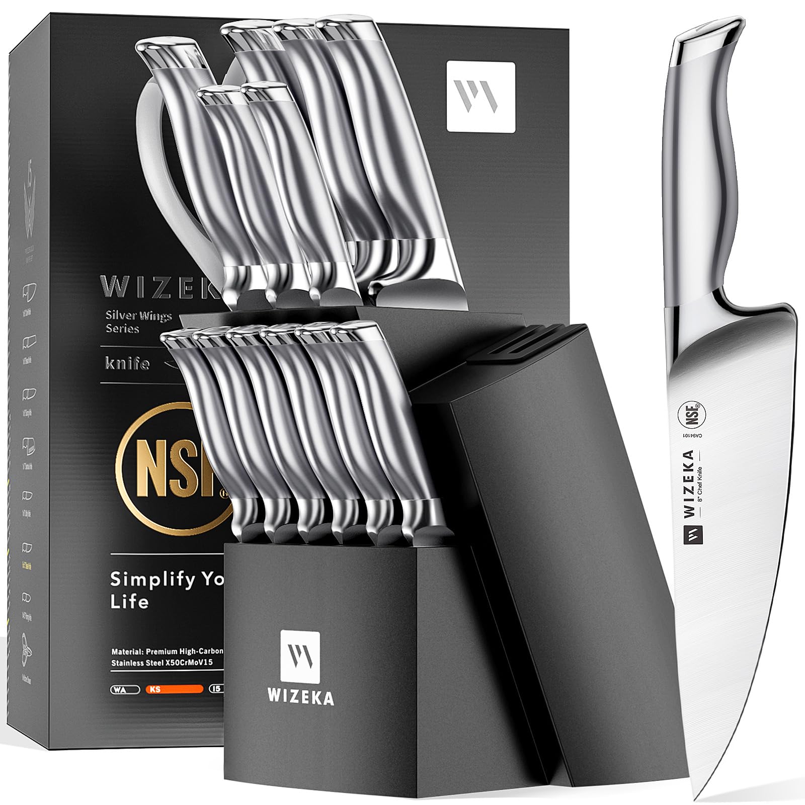 Kitchen Knife Set with Block, 15PCS Easy-Care Knife Block Set with Sharpener, One-Piece German Stainless Steel Kitchen Knives, Silver Wings Series