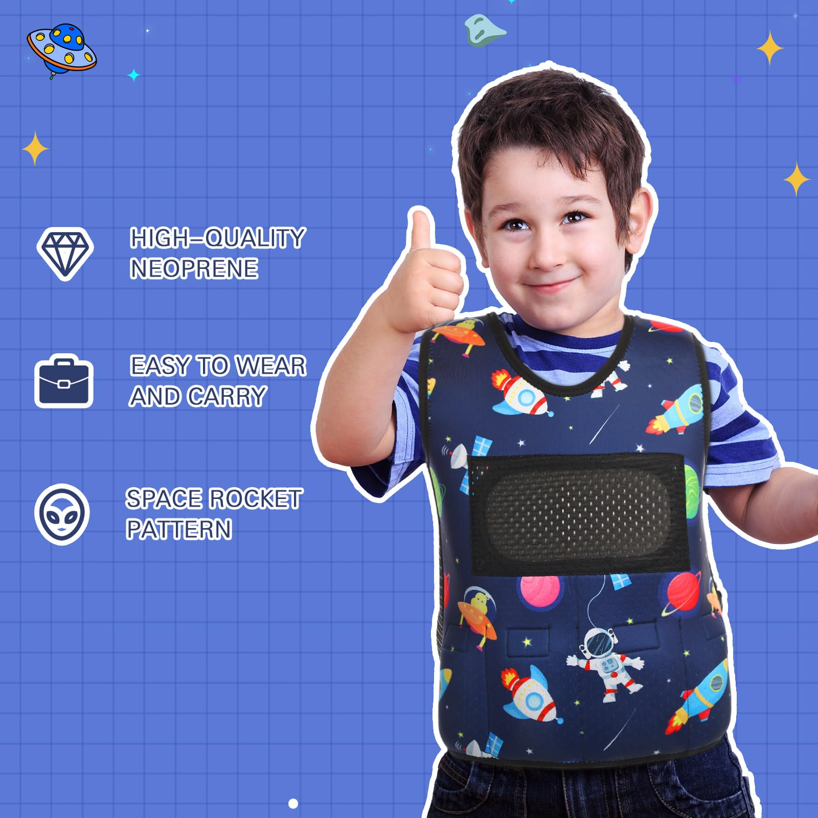 Janmercy Weighted Vest for Kids Ages 4 to 7 and Ages 8+ Boy Girl Adjustable Breathable Compression Vest for Processing Issue(Rocket,Small,Dark Blue)