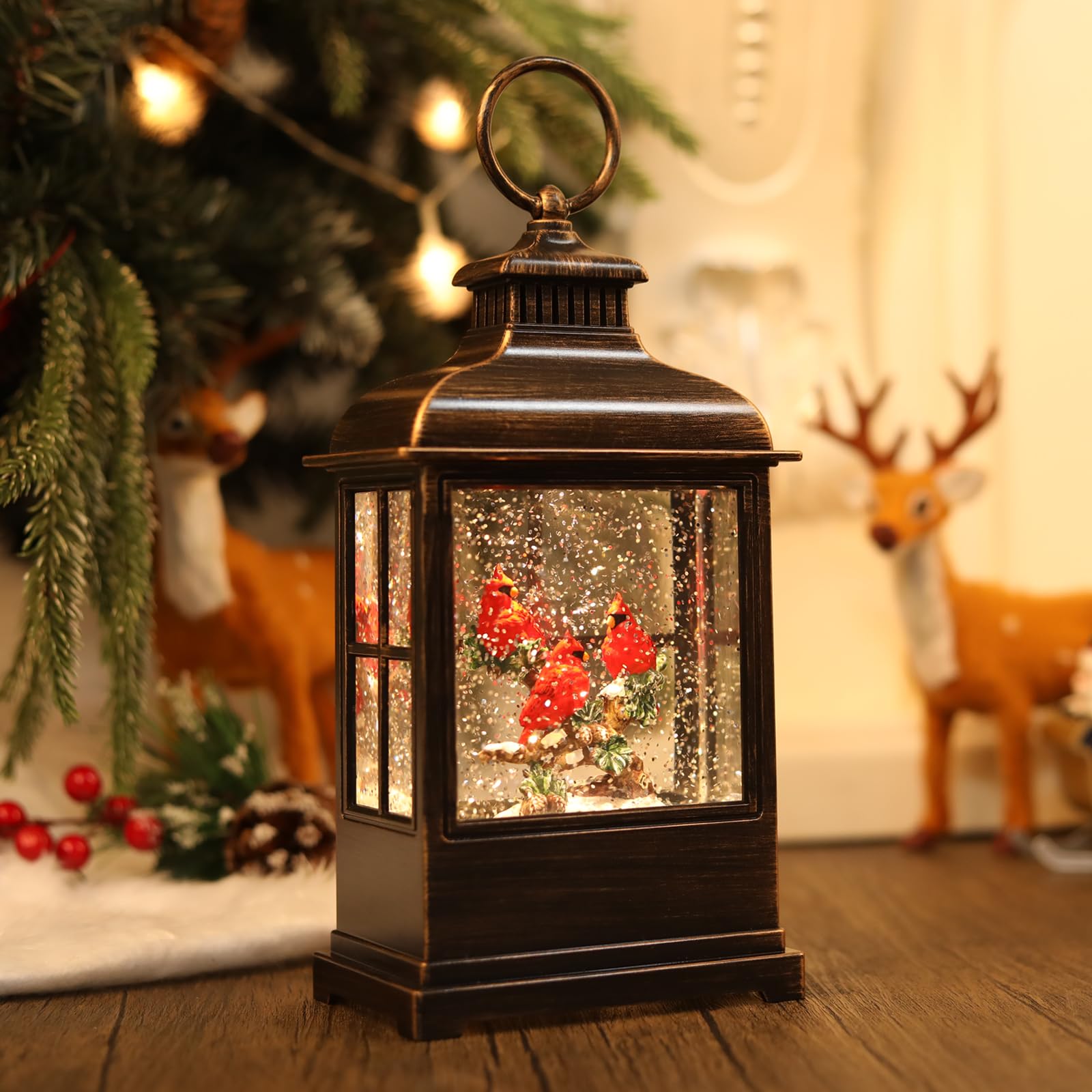 Christmas Snow Globe Lantern 6H Timer-Cardinal Bird in Musical LED Glittering,USB & Battery Operated, Music Box for Christmas Home Décor and Gift Decorations