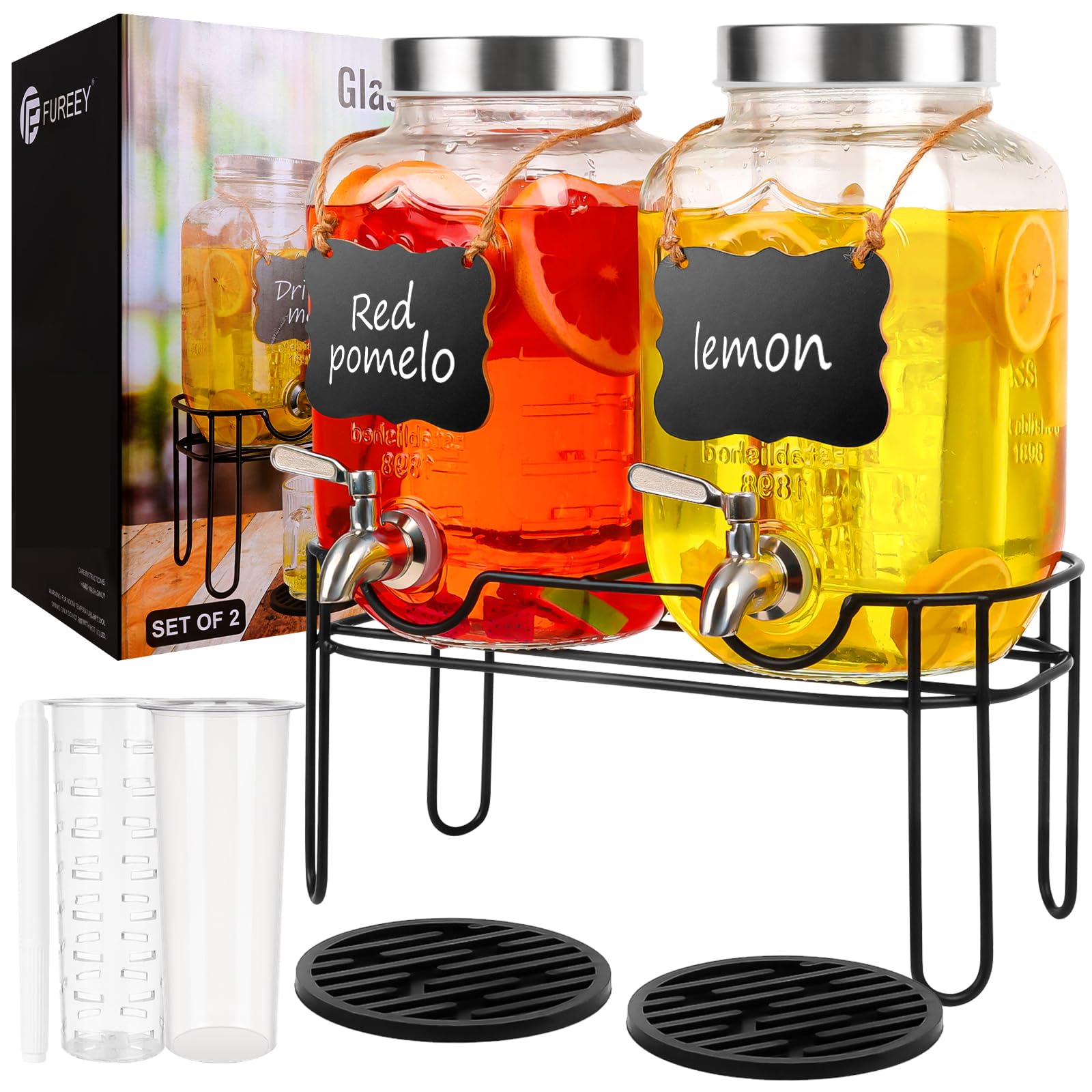 Drink Dispenser,2PACK Glass Drink Dispensers for Parties,1 Gallon Beverage Dispenser with Stand, Stainless Steel Spigot 100% Leak proof,Come with Ice Cylinder,Fruit Tube and 2 Rubber Mats