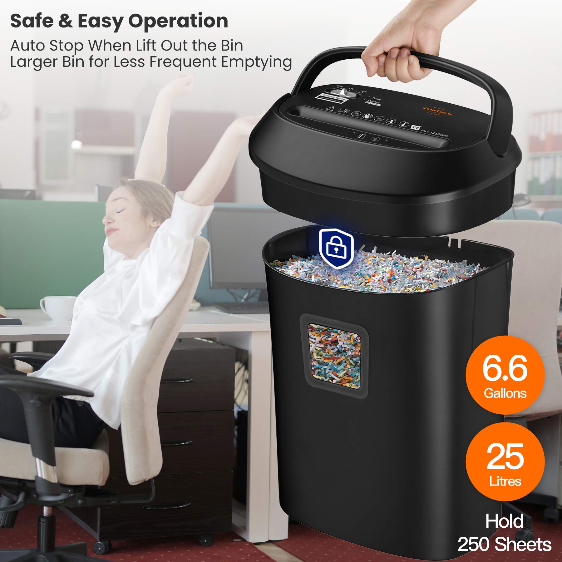 Paper Shredder,VidaTeco 14-Sheet Cross-Cut Shredder with US Patented Cutter,Also Shreds Card/CD,Heavy Duty Paper Shredder for Home Office,Durable&Fast with Jam Proof System,6.6-Gallon Basket (ETL)