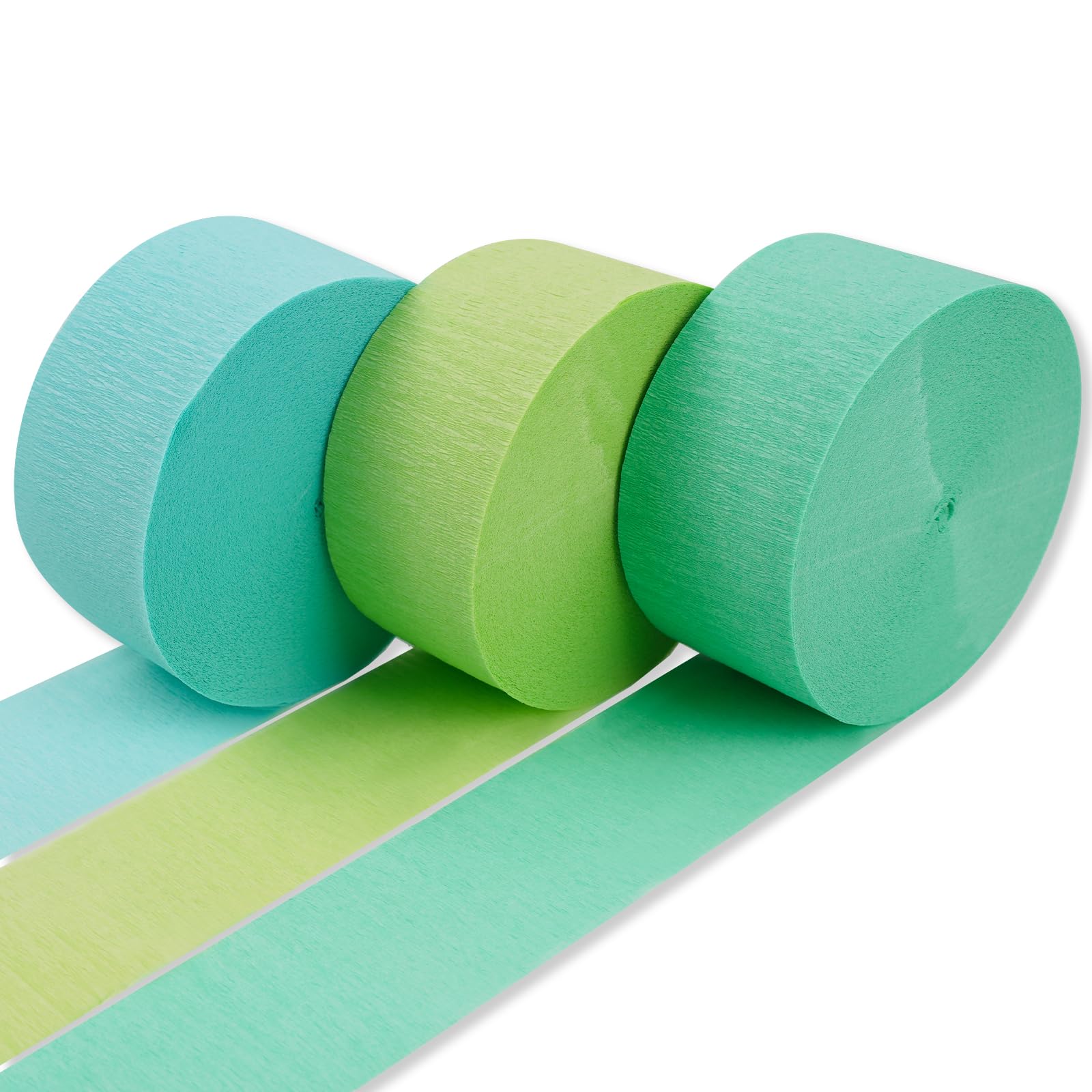 PartyWoo Extra Large Crepe Paper Streamers 3 Rolls 393ft, Pack of Turquoise Mint Light Green Paper Party Streamers, Crepe Paper for Party Decorations, Baby Shower Decorations (1.8 Inch x 131Ft/Roll)